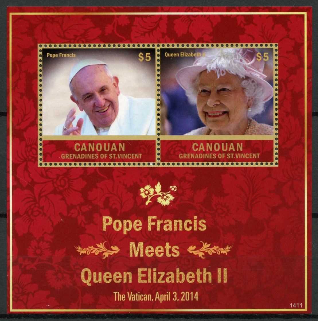 Canouan Grenadines St Vincent 2014 MNH Pope Francis Queen Elizabeth II 2v S/S II