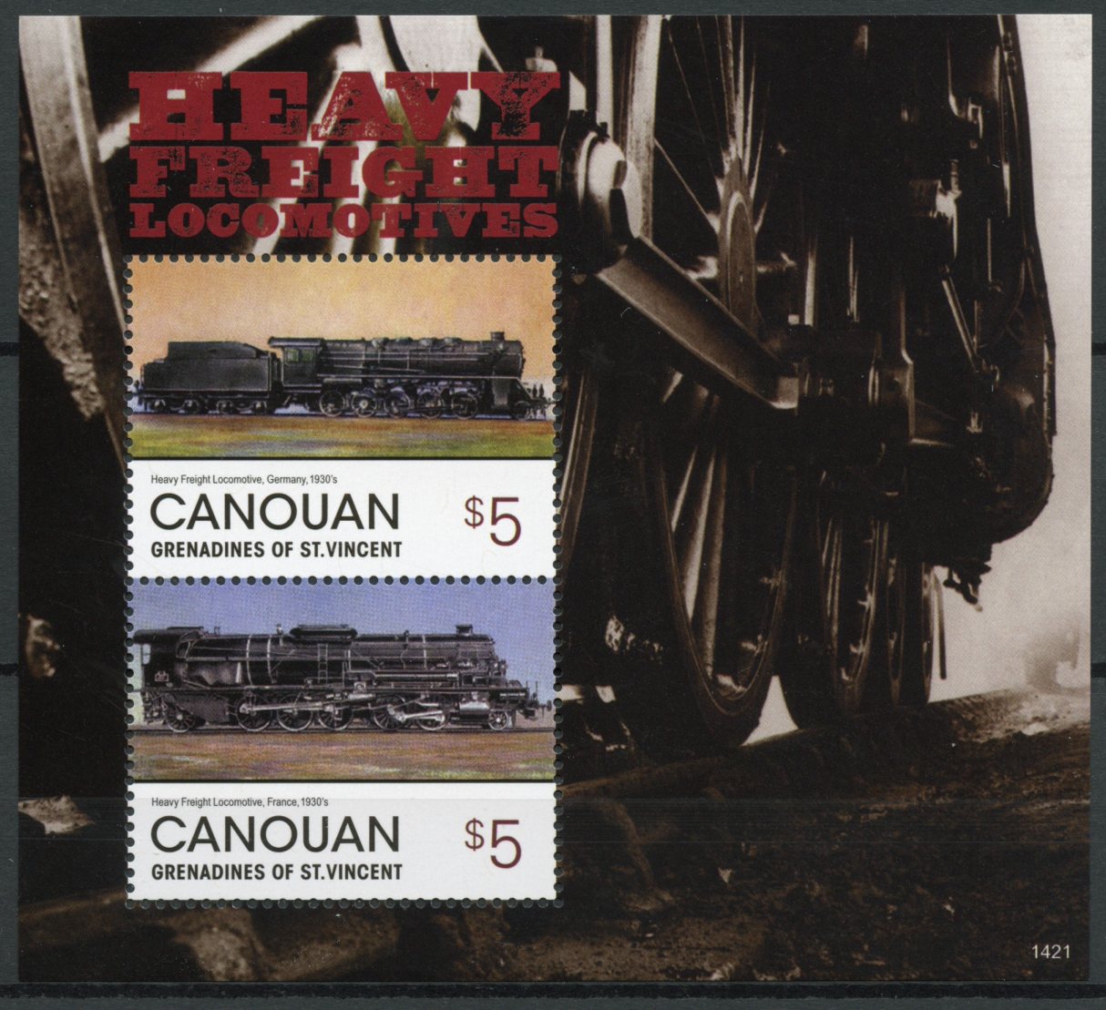 Canouan Gren St Vincent Trains Stamps 2014 MNH Heavy Freight Locomotives 2v S/S
