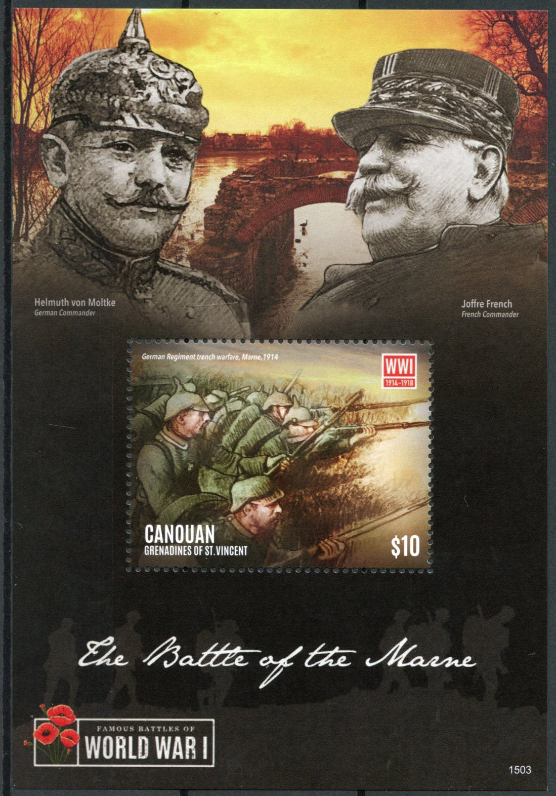 Canouan Gren St Vincent 2015 MNH WWI WW1 Battle of Marne 1v S/S Military Stamps