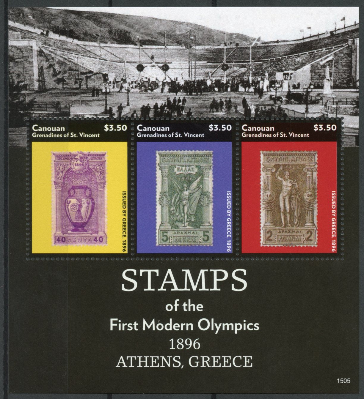 Canouan Gren St Vincent 2015 MNH Stamps-on-Stamps Stamps First Modern Olympics Athens SOS 3v M/S