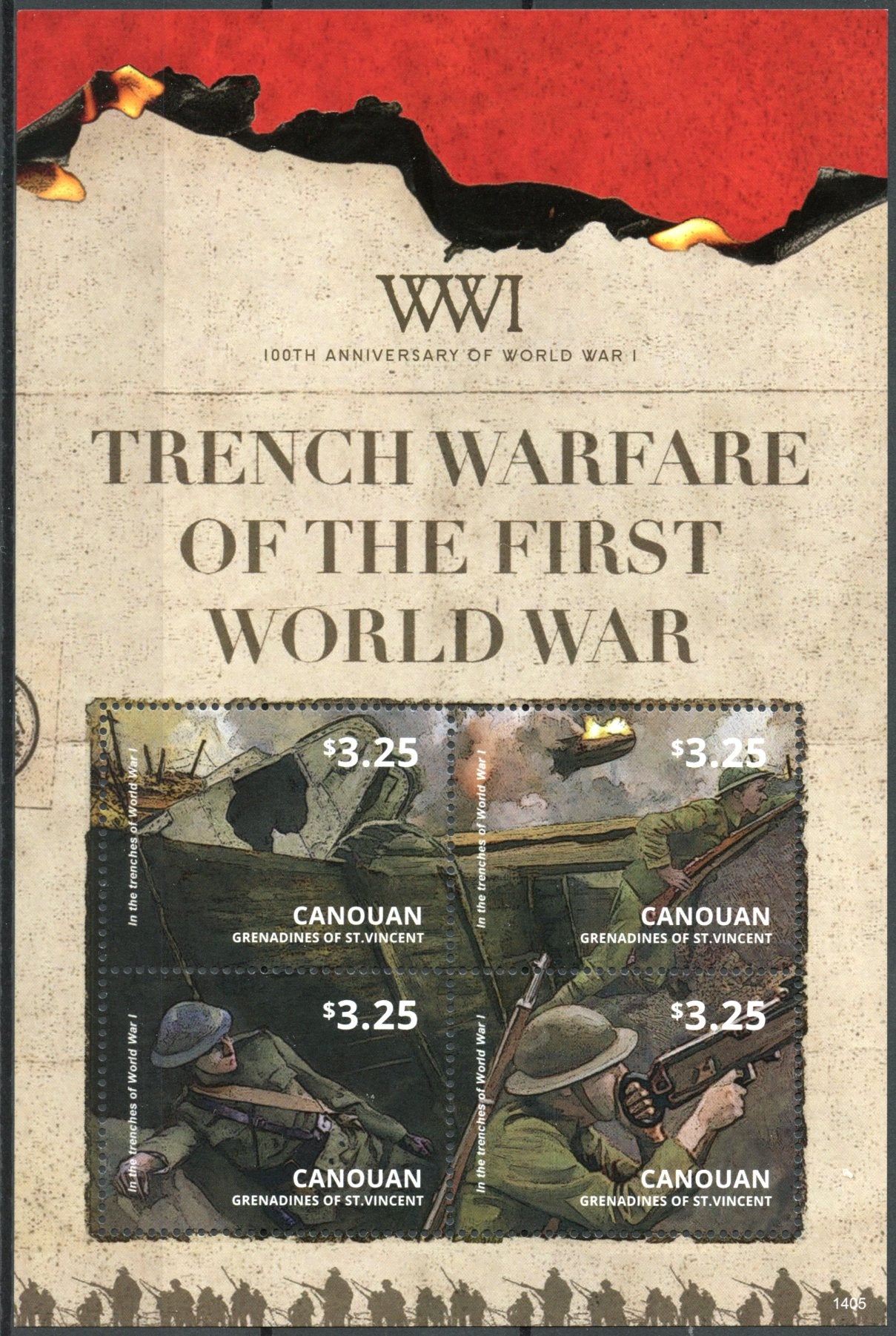 Canouan Grenadines St Vincent 2014 MNH WWI WW1 Trench Warfare 4v M/S Stamps