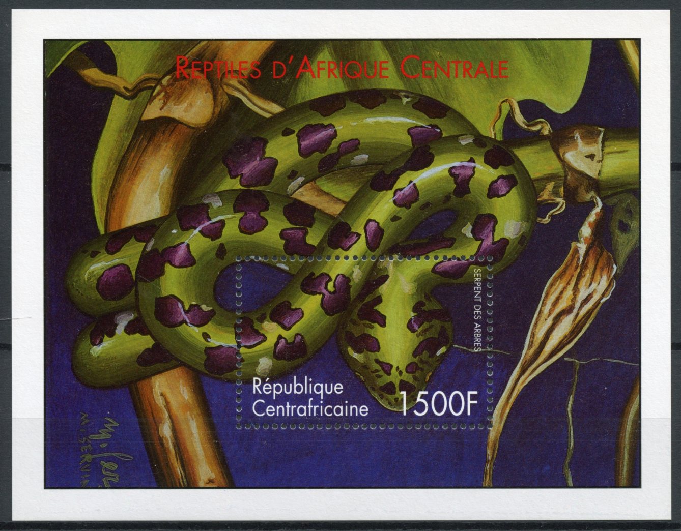 Central African Republic 2001 MNH Reptiles 1v S/S I Snakes Boomslang