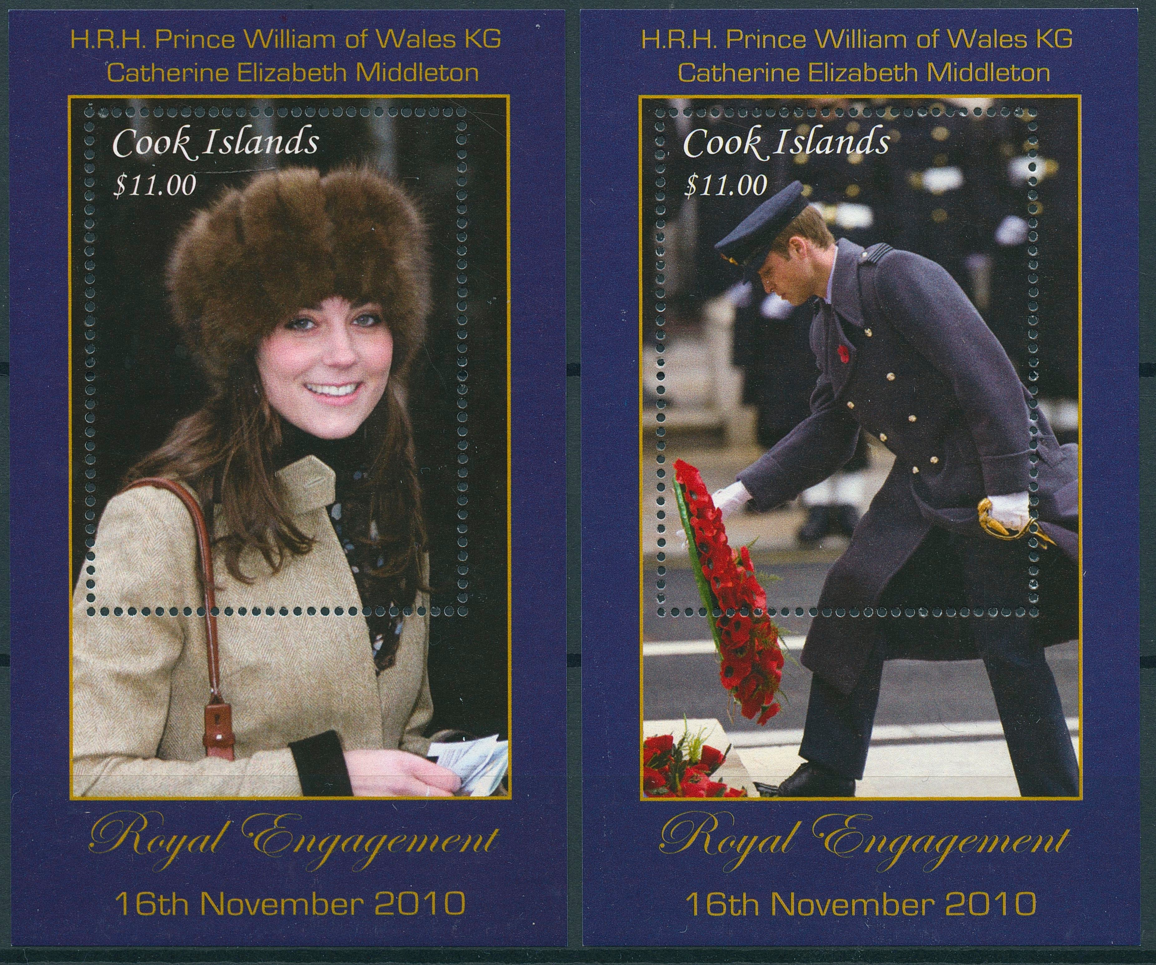 Cook Islands 2011 MNH Royal Engagement Prince William Kate 2v on 2 Deluxe S/S