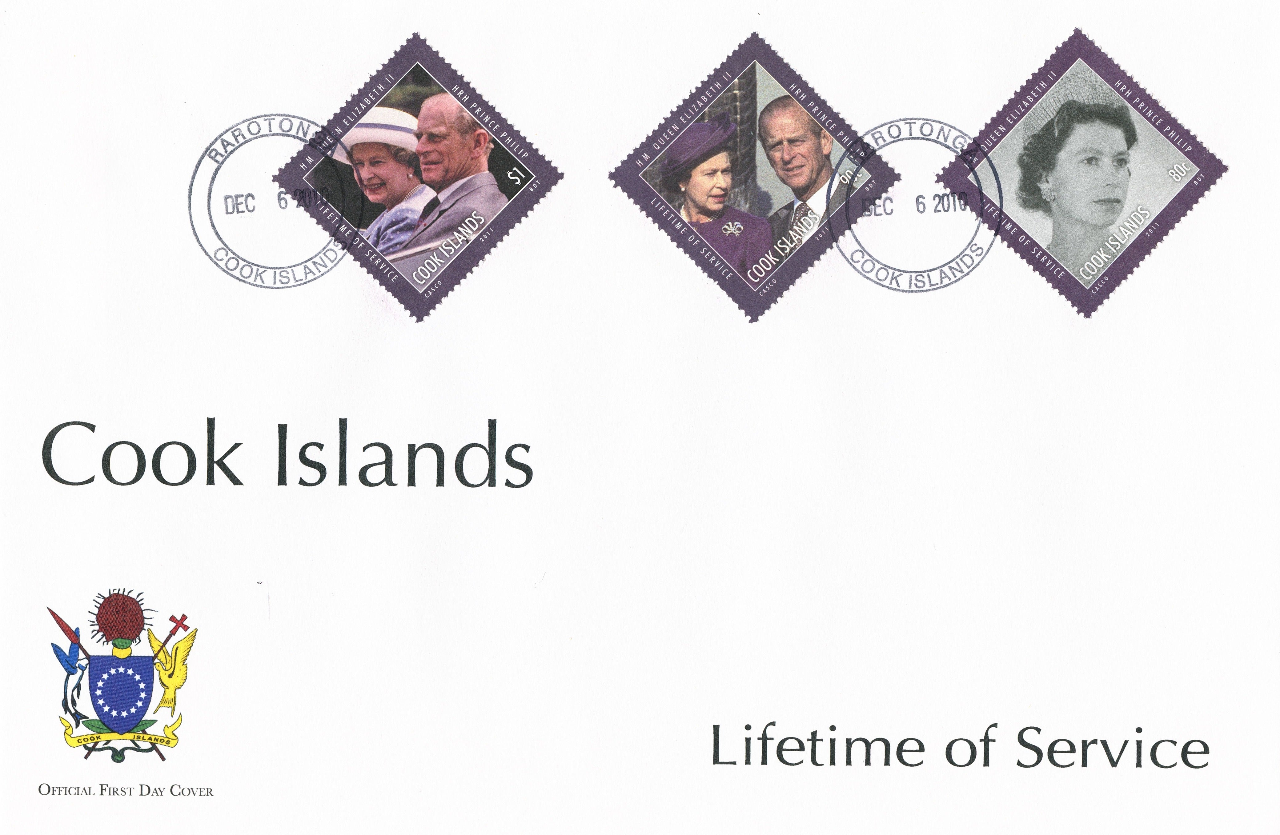Cook Islands 2011 FDC Lifetime Services 6v Set / 2 Covers Queen Elizabeth Philip