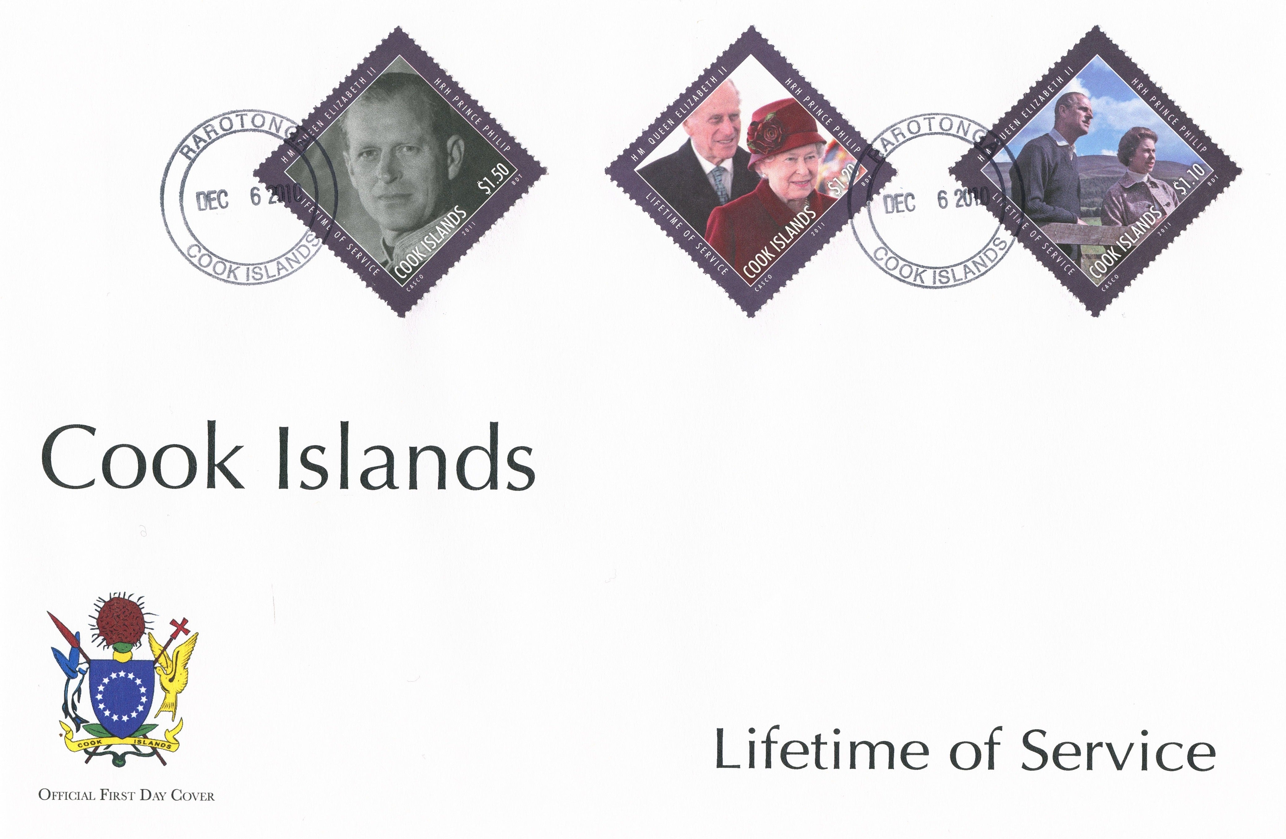 Cook Islands 2011 FDC Lifetime Services 6v Set / 2 Covers Queen Elizabeth Philip