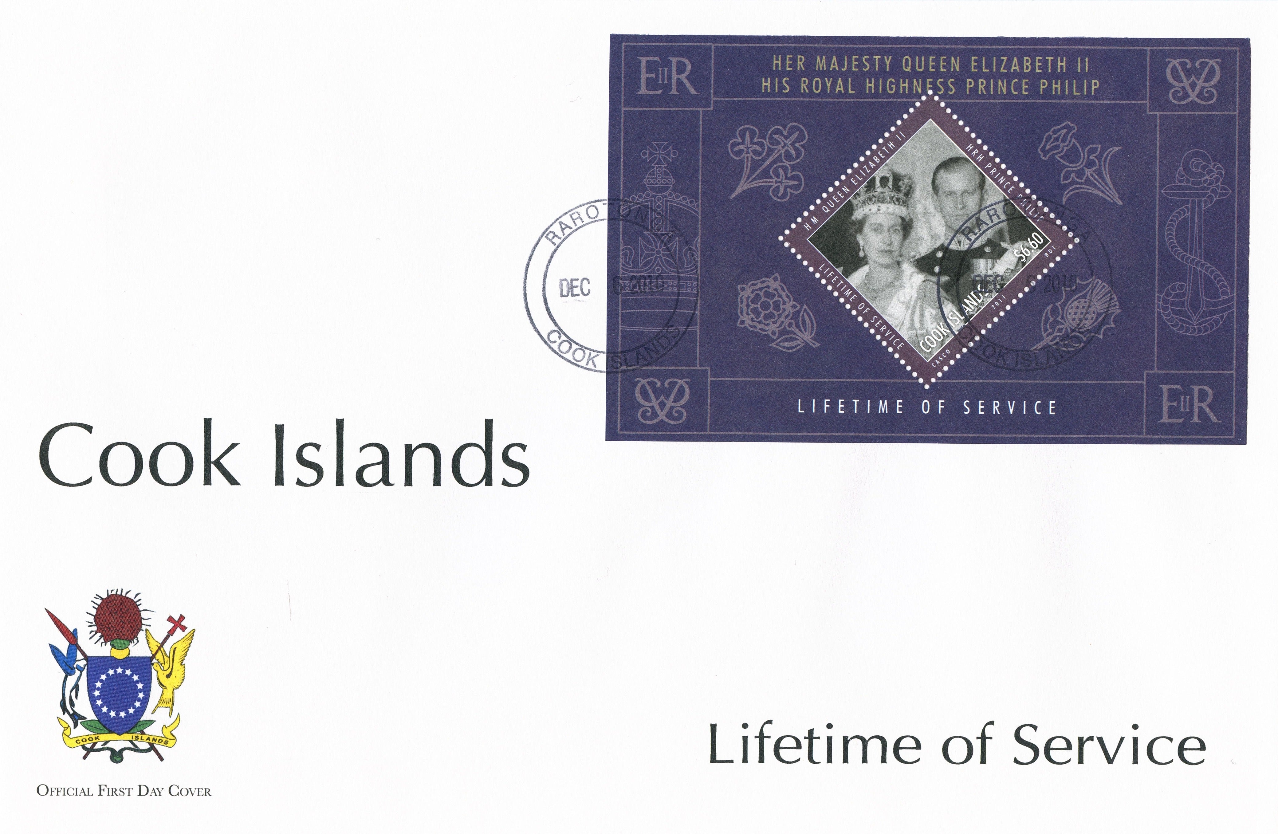 Cook Islands 2011 FDC Lifetime Services 1v Sheet Cover Queen Elizabeth Philip