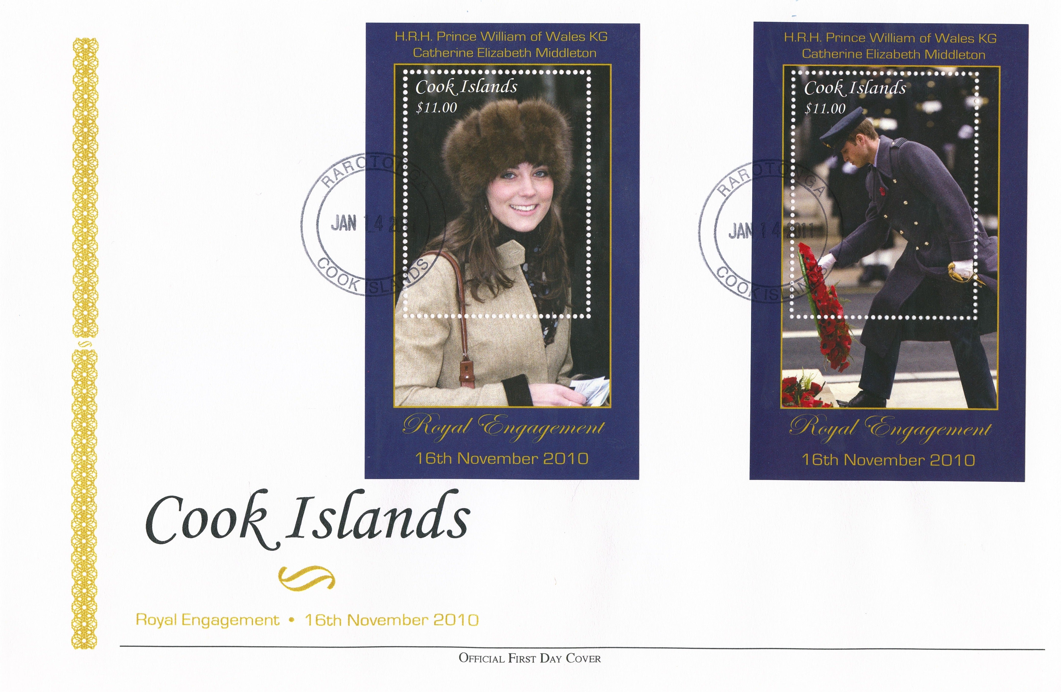 Cook Islands 2011 FDC Royal Engagement 2v Deluxe Sheet Cover Prince William Kate