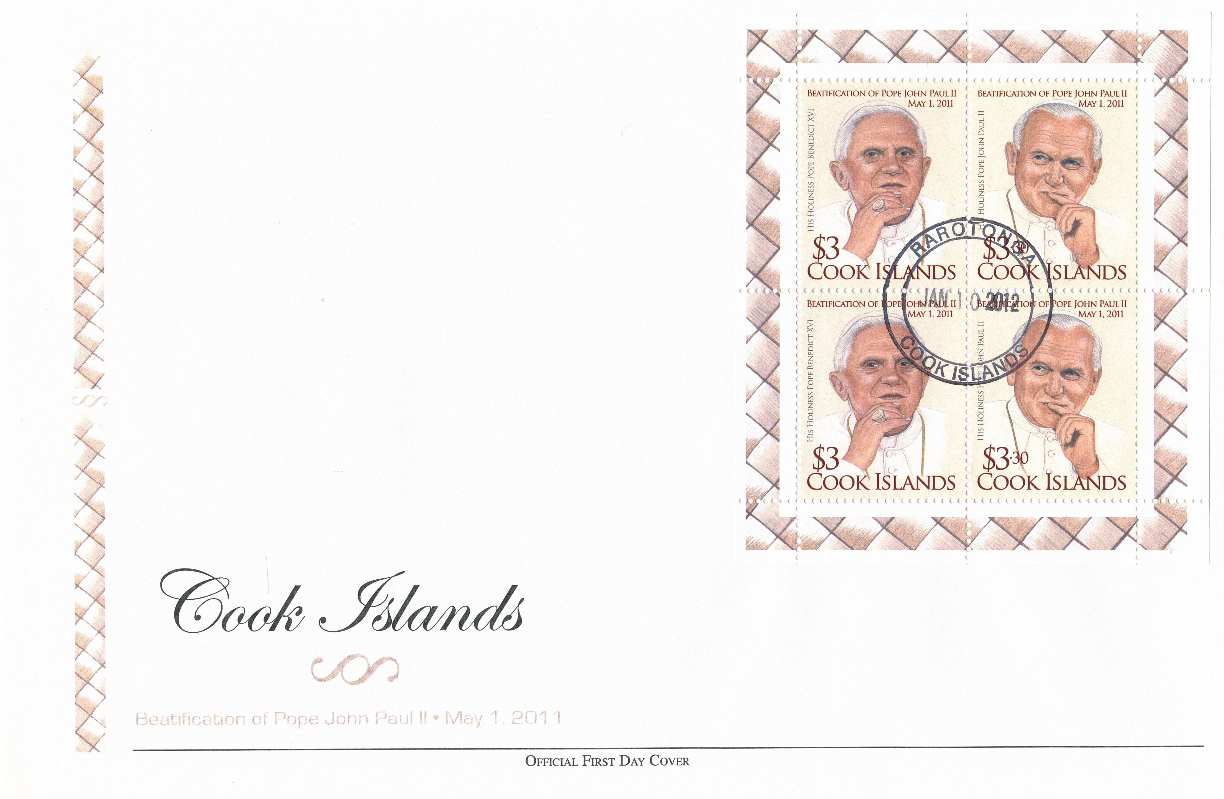 Cook Islands 2011 FDC Beatification Pope John Paul II 4v M/S Cover Benedict XVI