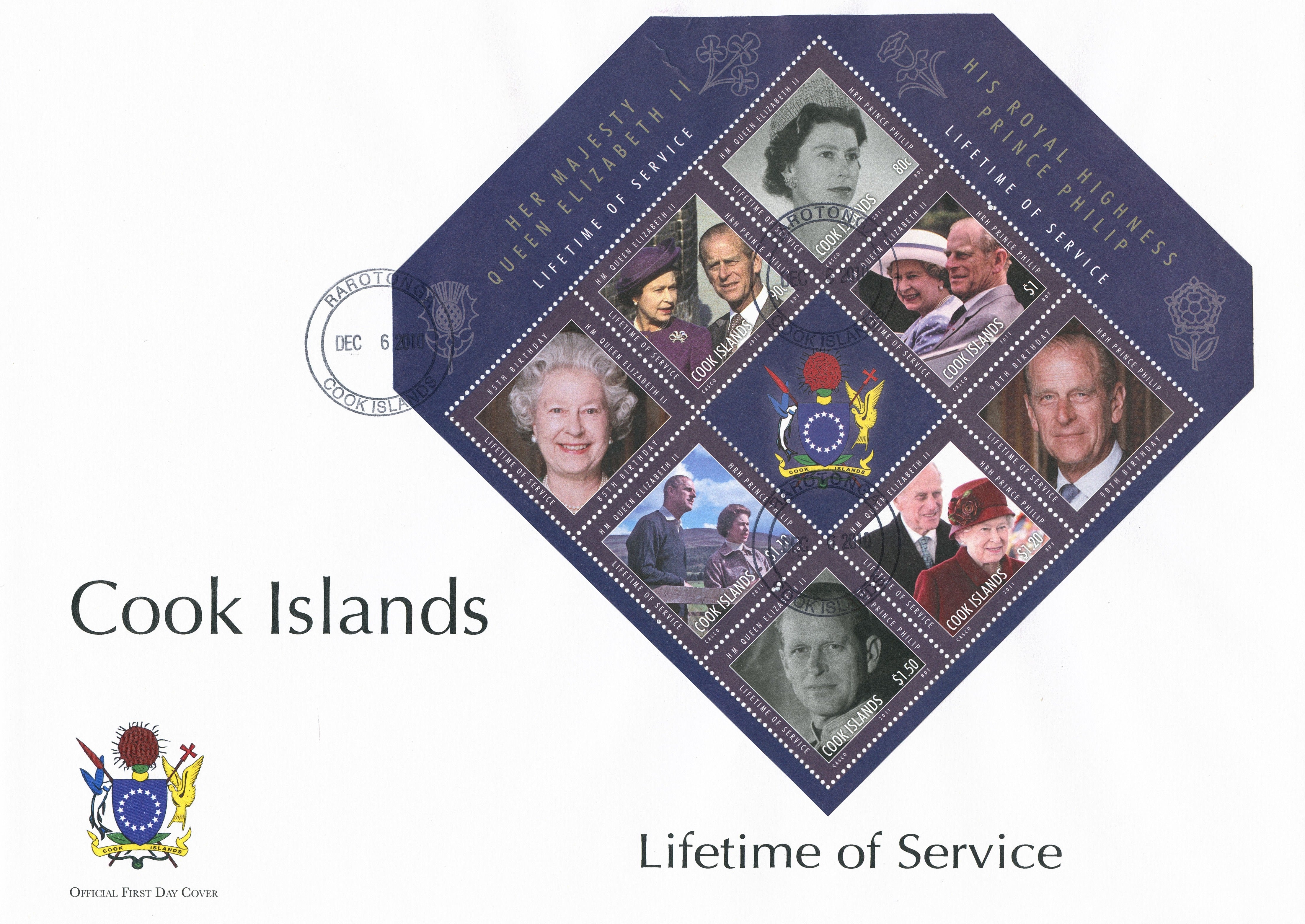 Cook Islands 2011 FDC Lifetime Services 6v Sheet Cover Queen Elizabeth Philip