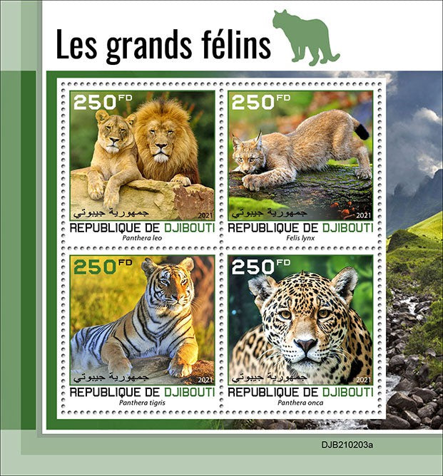 Djibouti 2021 MNH Wild Animals Stamps Big Cats Lions Tigers Lynx Jaguars 4v M/S