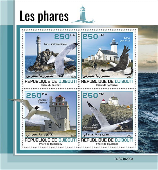 Djibouti 2021 MNH Lighthouses Stamps Skudesnes Pontusval Fastnet Lighthouse Gulls 4v M/S