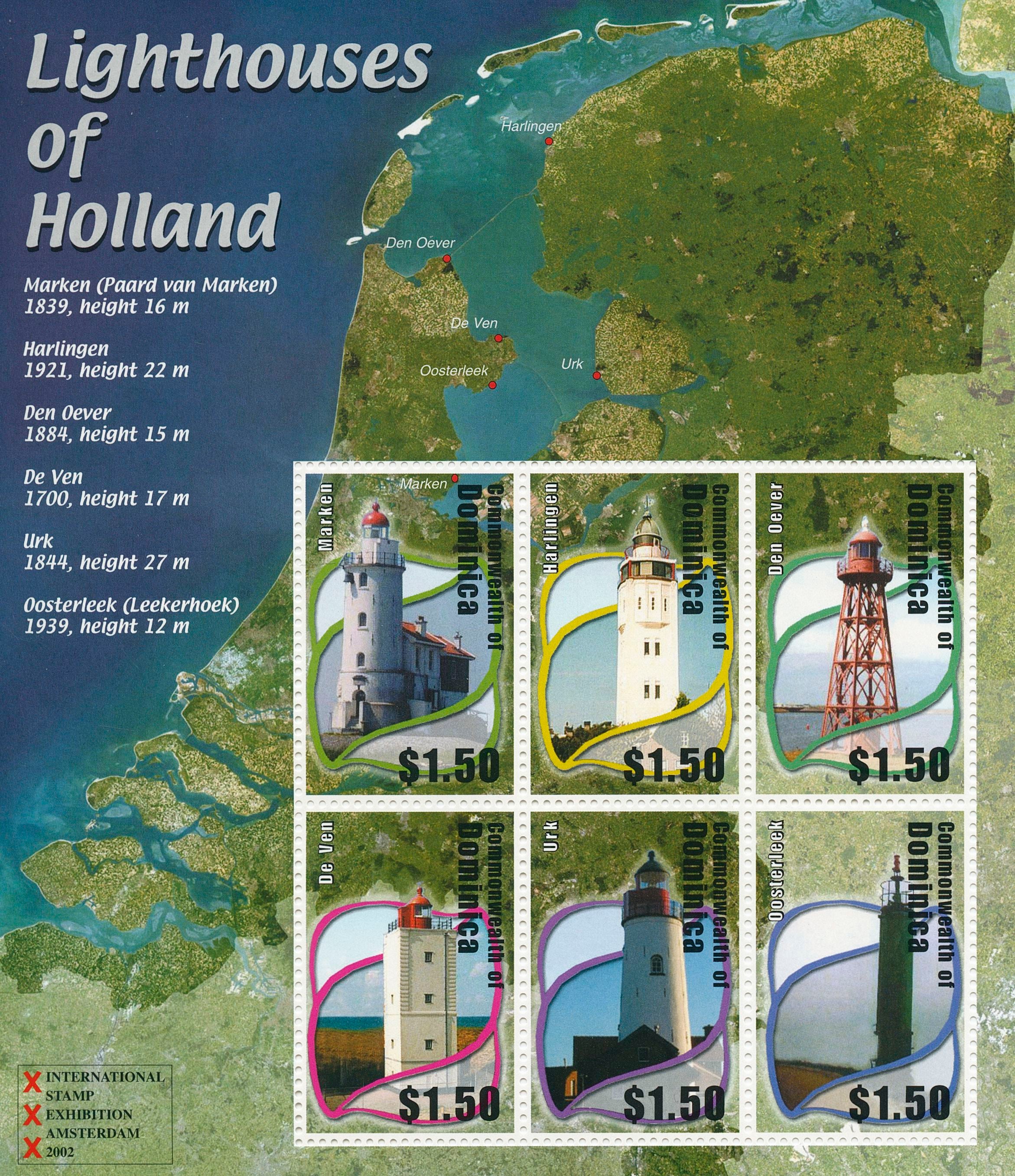 Dominica 2002 MNH Architecture Stamps Lighthouses of Holland 6v M/S