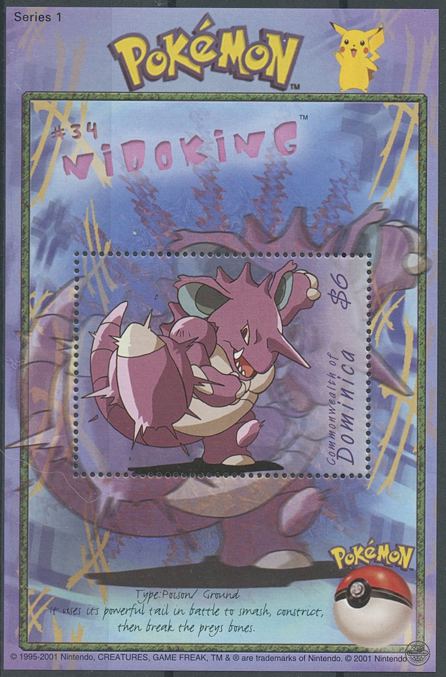 Dominica 2001 MNH Pokemon Stamps #34 Nidoking Series 1 OVPT 1v S/S