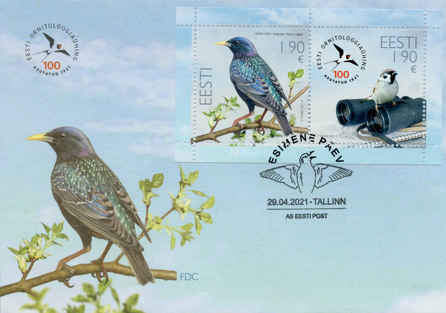 Estonia Birds on Stamps 2021 FDC Estonian Ornothological Society Sparrows Starlings 2v M/S