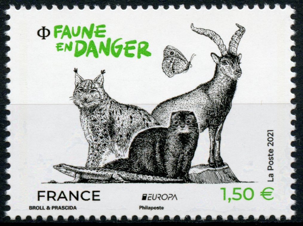 France 2021 MNH Europa Stamps Endangered Natl Wildlife Lynx Otters Butterflies 1v Set