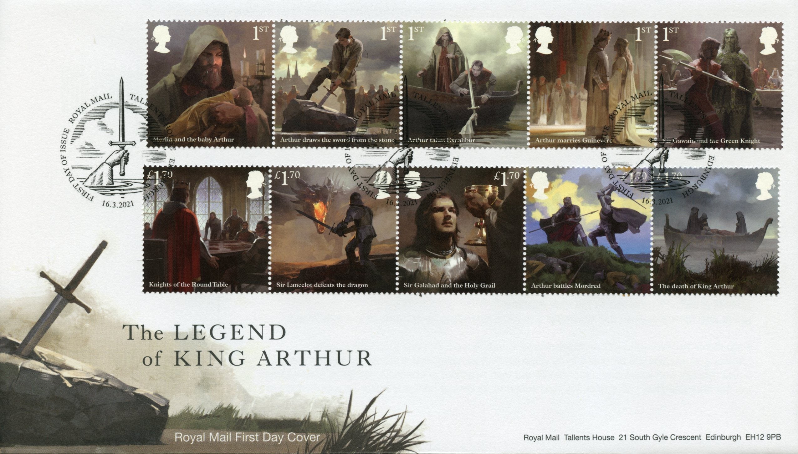 GB 2021 FDC Mythology Stamps Legend of King Arthur Lancelot Merlin Holy Grail 10v Set