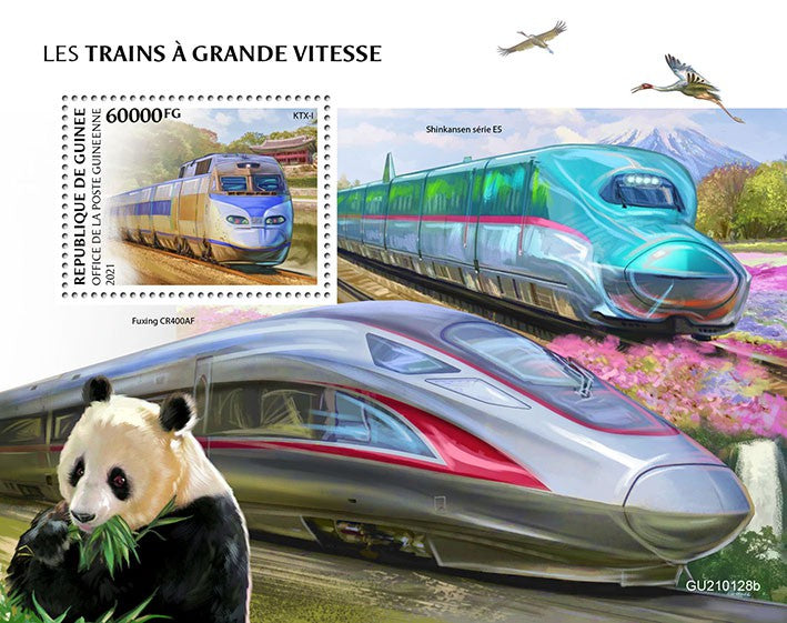 Guinea 2021 MNH Railways Stamps High-Speed Trains KTX-I Shinkansen Pandas 1v S/S
