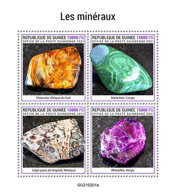 Guinea 2021 MNH Minerals Stamps Pietersite Rhodolite Malachite Jasper 4v M/S