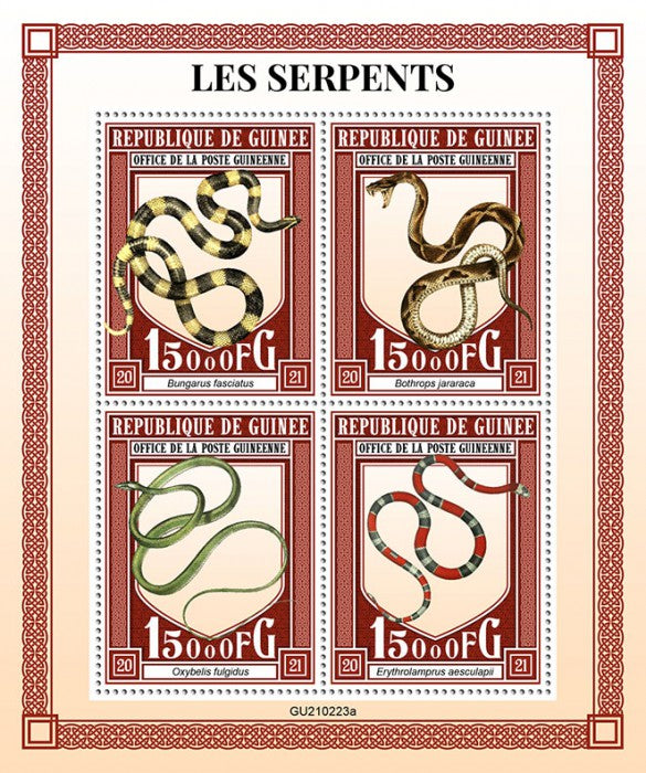 Guinea 2021 MNH Snakes Stamps Banded Krait Bothrops Jararaca Snake Reptiles 4v M/S
