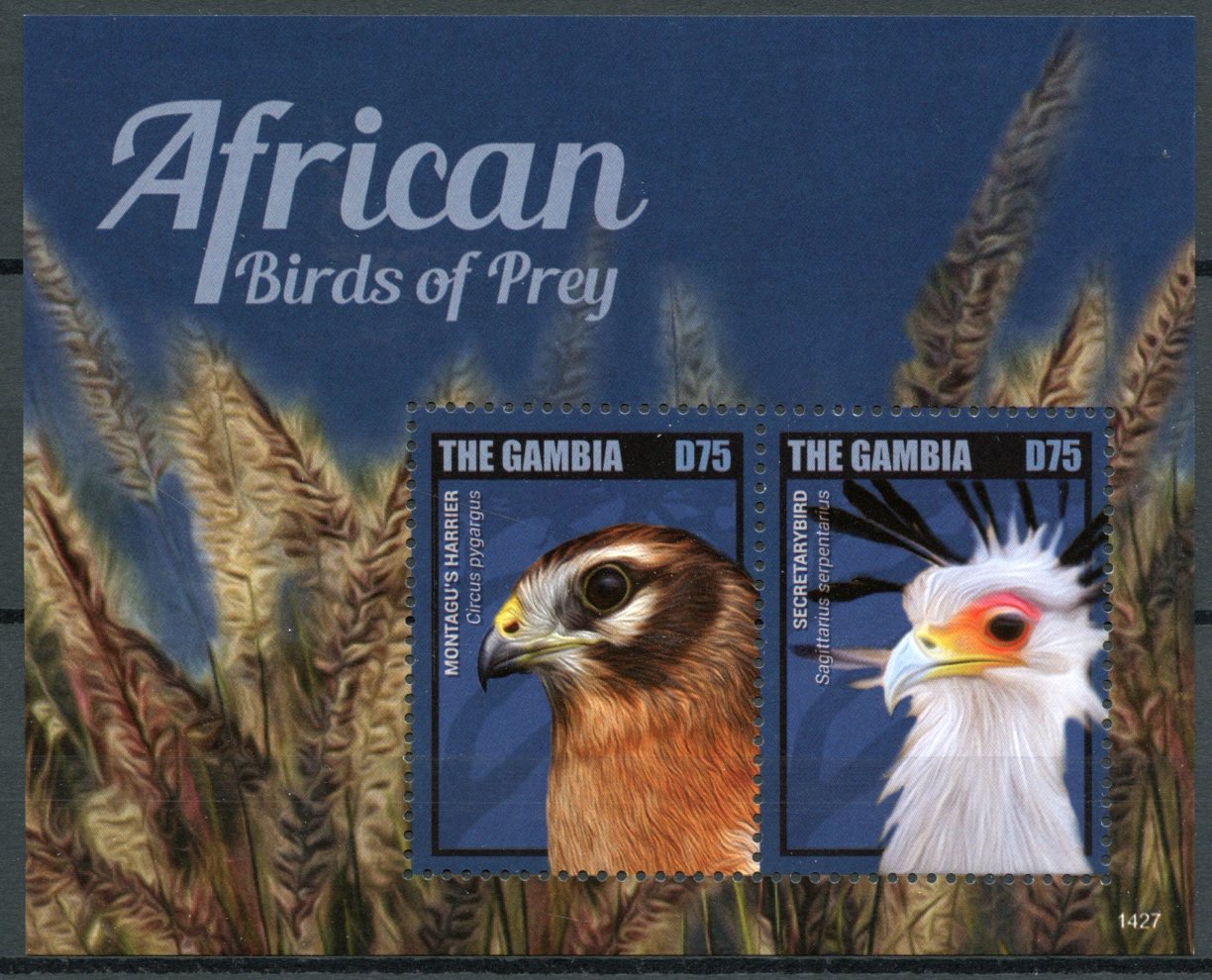 Gambia 2014 MNH Birds on Stamps African Birds of Prey Harrier Secretary Bird 2v S/S II