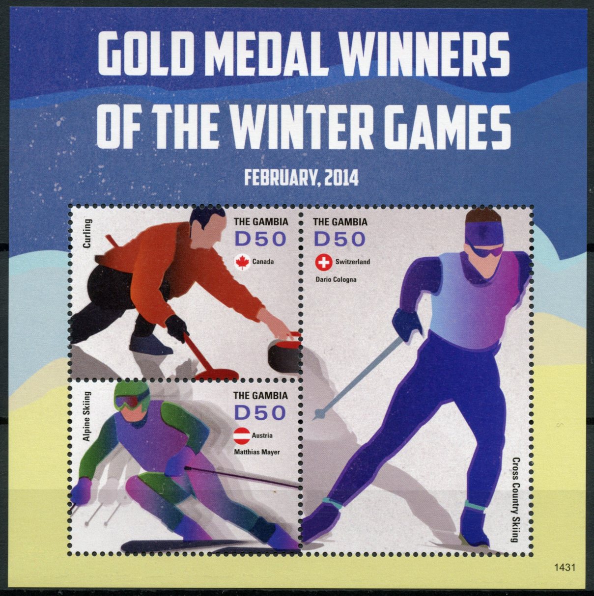 Gambia 2014 MNH Winter Games Gold Medal Winners 3v M/S Olympics Curling Skiing