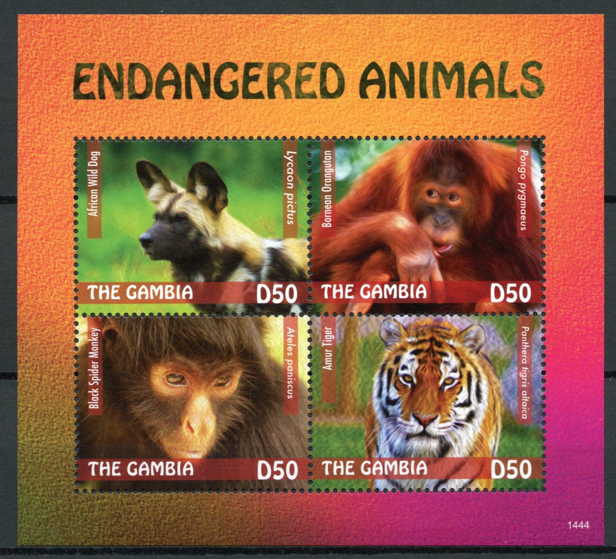 Gambia 2014 MNH Endangered Animals Stamps Monkeys Tigers Orangutan Wild Dogs 4v M/S I