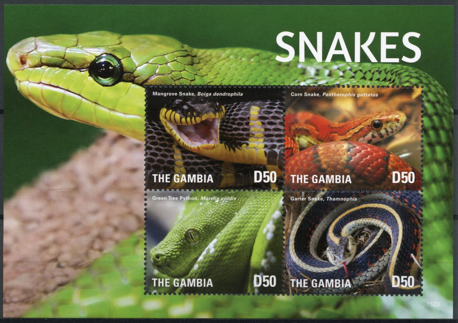 Gambia 2015 MNH Snakes Stamps Reptiles Python Mangrove Corn Garter Snake 4v M/S