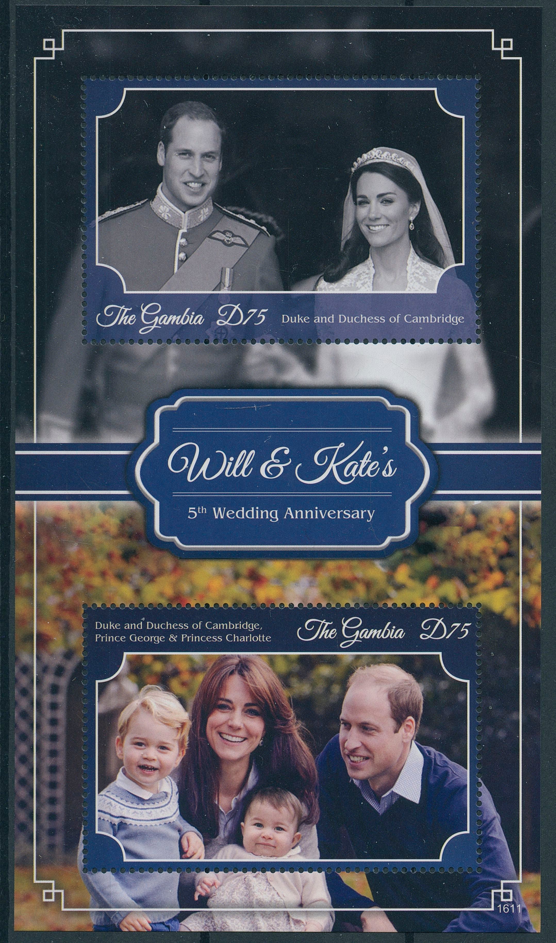 Gambia 2016 MNH Royalty Stamps Prince William & Kate 5th Wedding Anniv 2v S/S