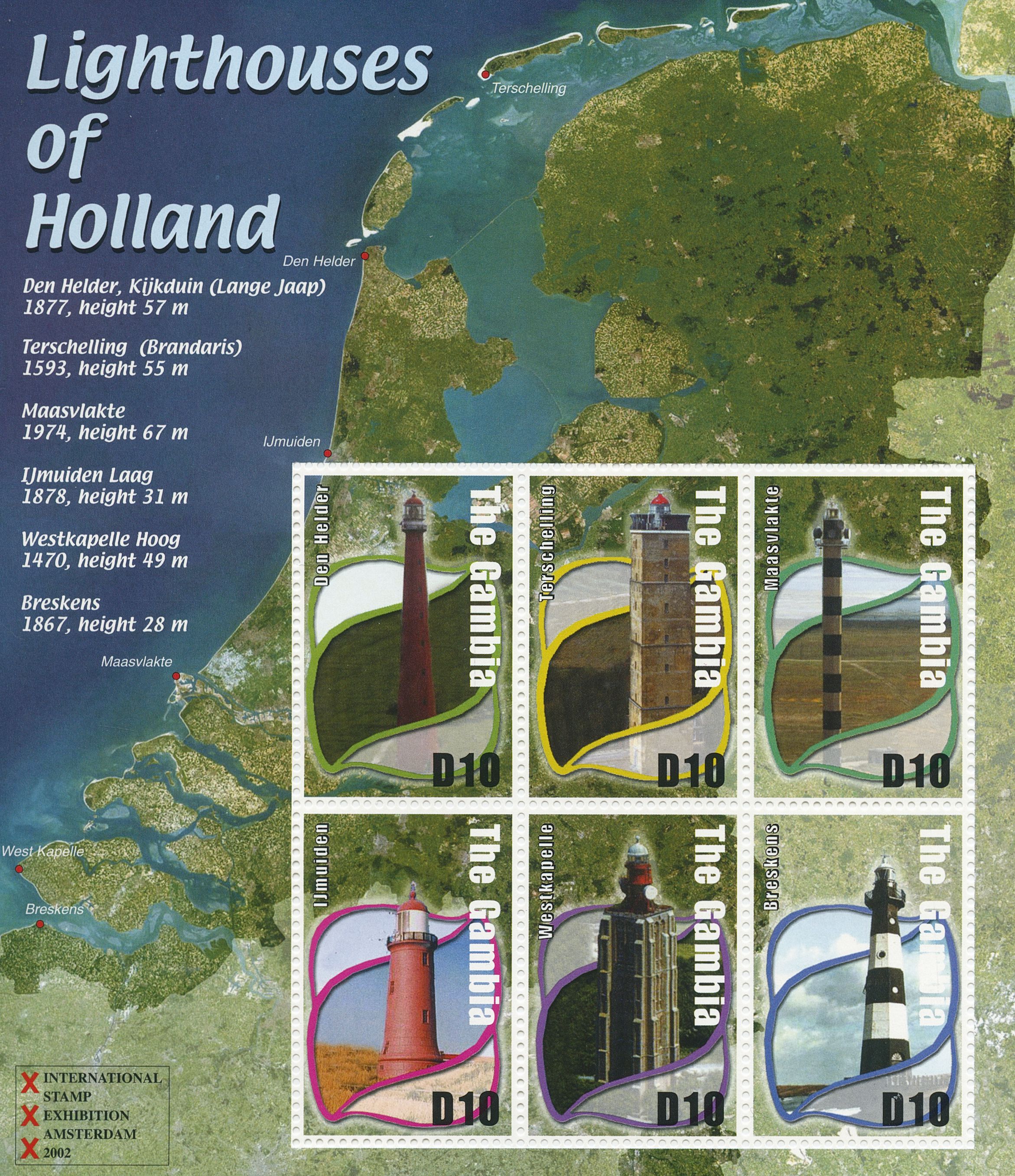 Gambia 2002 MNH Architecture Stamps Lighthouses of Holland 6v M/S