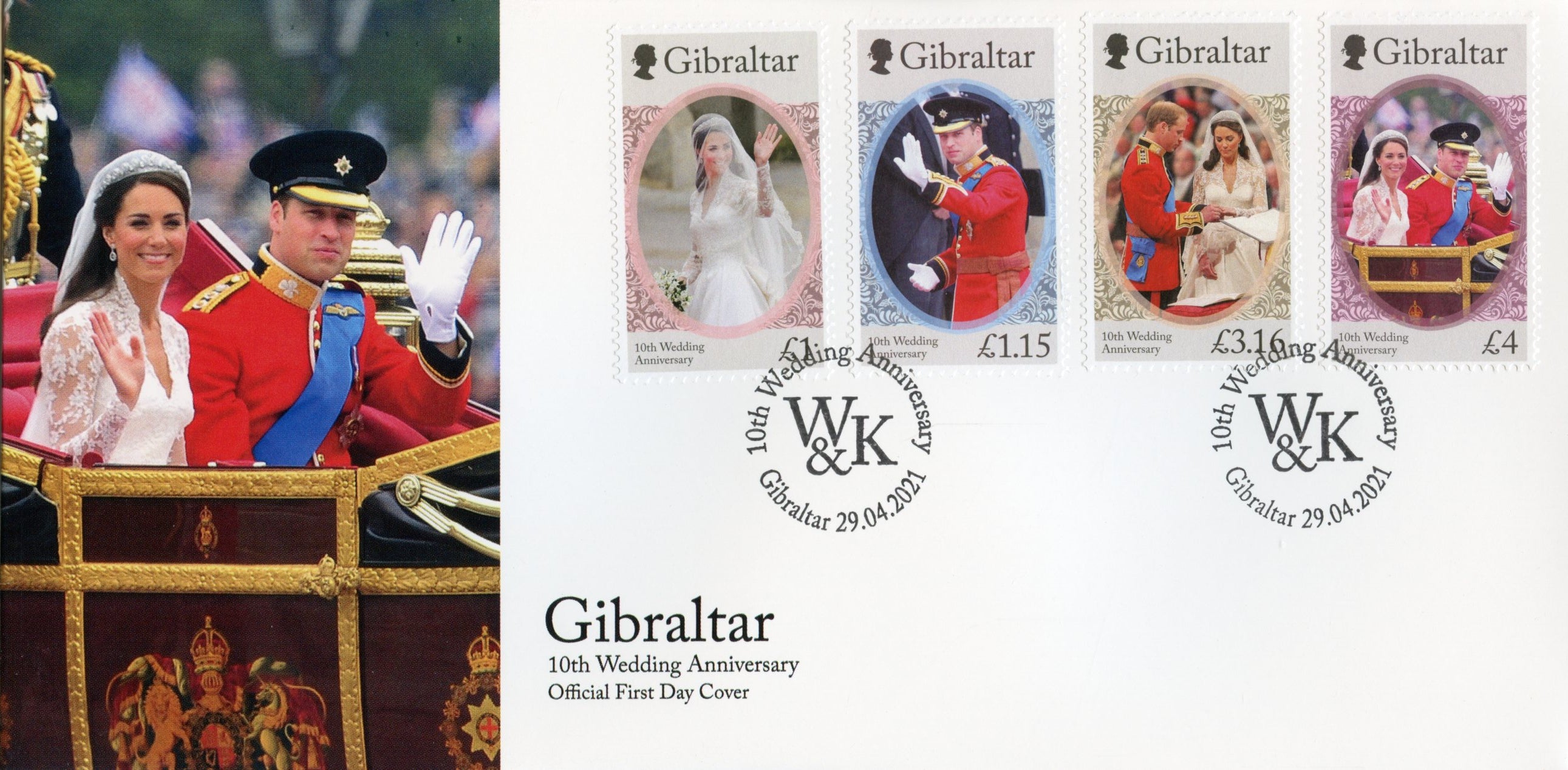 Gibraltar Royalty Stamps 2021 FDC Prince William & Kate - 10th Wedding Anniv 4v Set