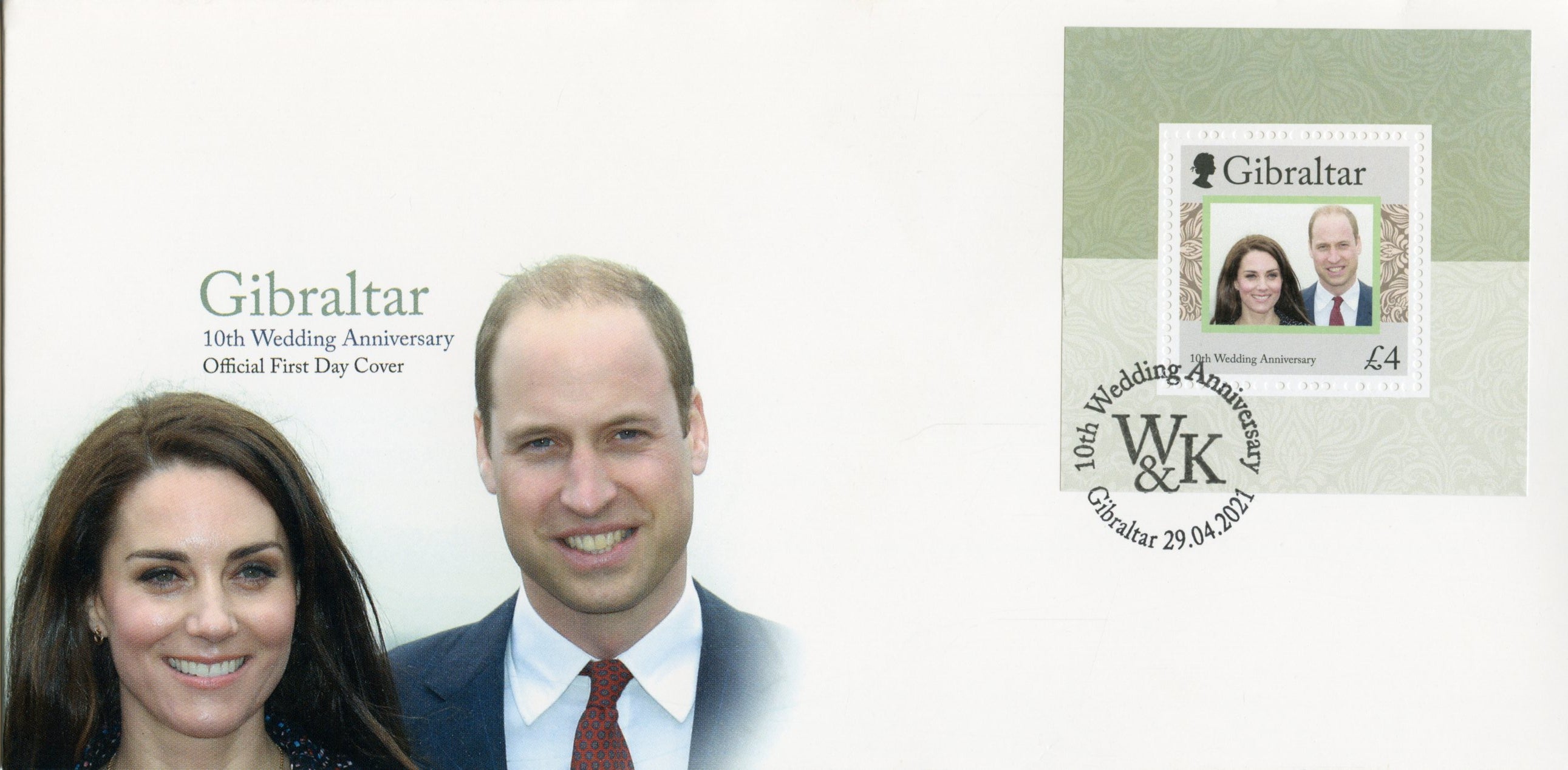 Gibraltar Royalty Stamps 2021 FDC Prince William & Kate - 10th Wedding Anniv 1v M/S