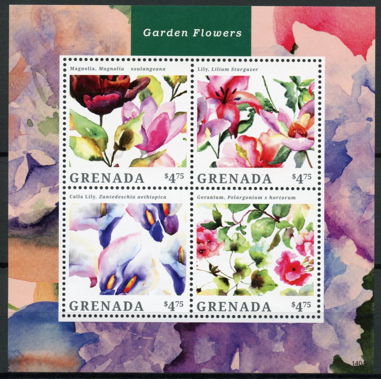 Grenada 2014 MNH Garden Flowers 4v M/S II Magnolia Calla Lily Geranium