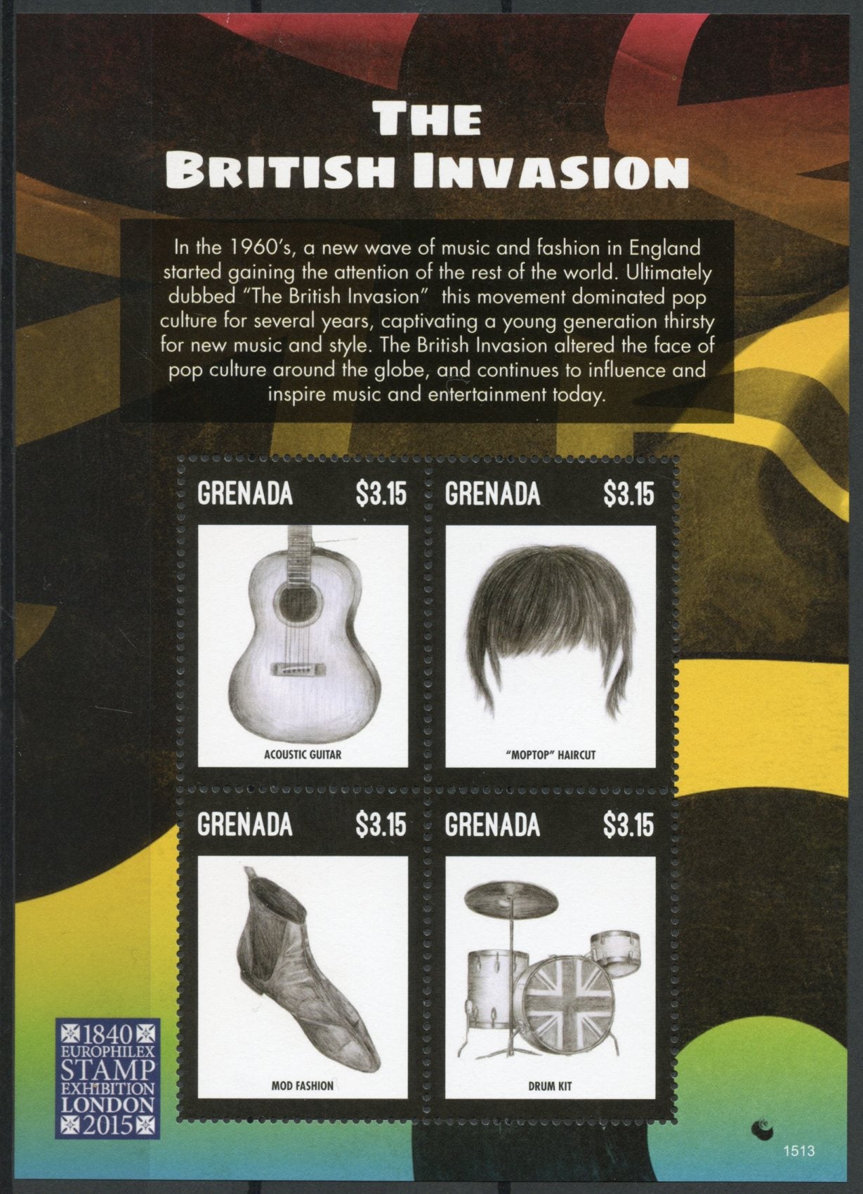 Grenada 2015 MNH British Invasion Europhilex London 4v M/S Mod Moptop Guitar