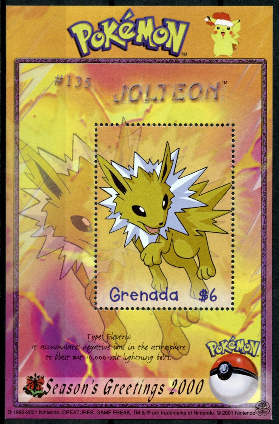 Grenada 2000 MNH Pokemon #135 Jolteon Season's Greetings 1v S/S Stamps