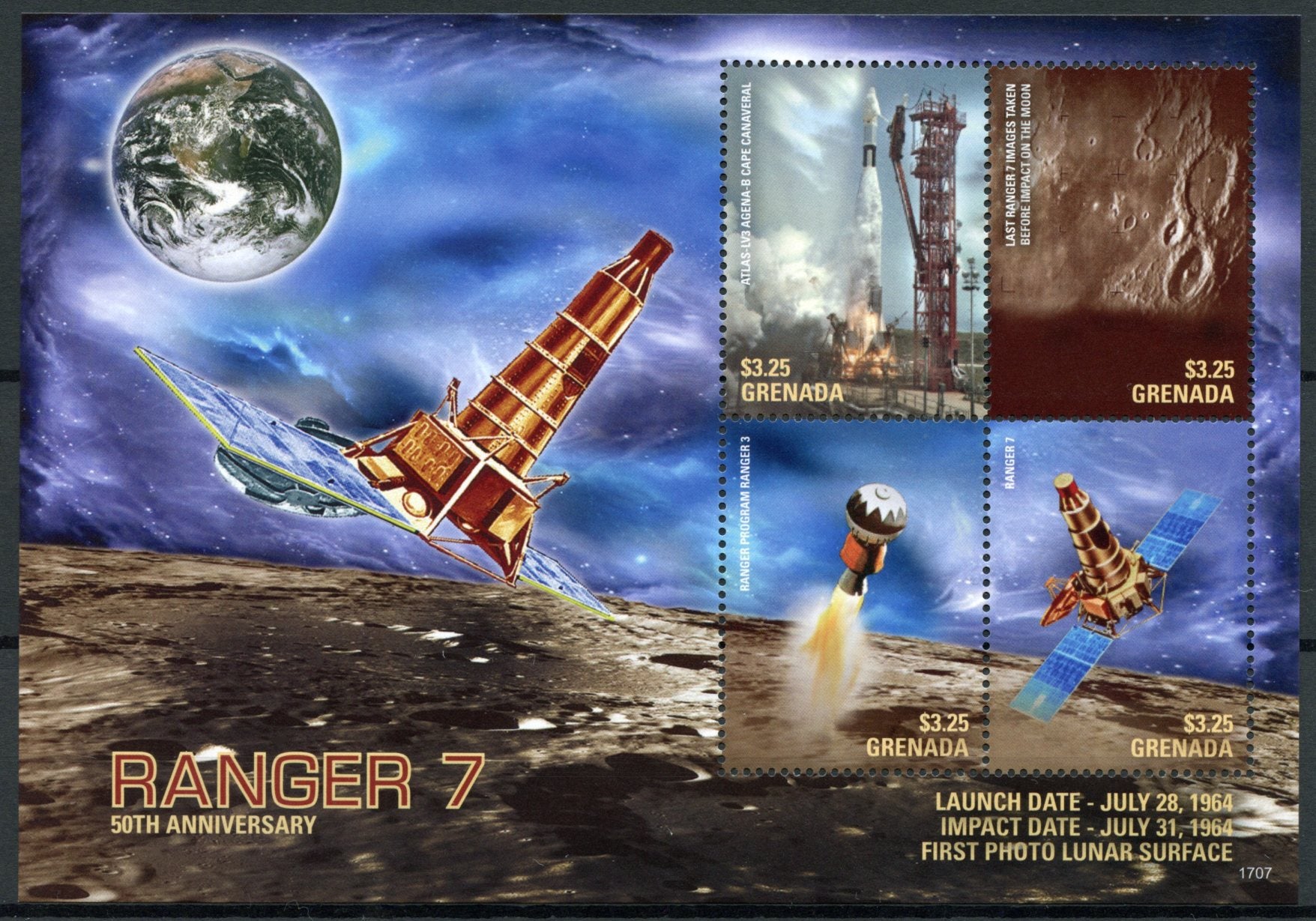 Grenada 2017 MNH Ranger 7 Photo Lunar Surface 50th Anniv 4v M/S II Space Stamps