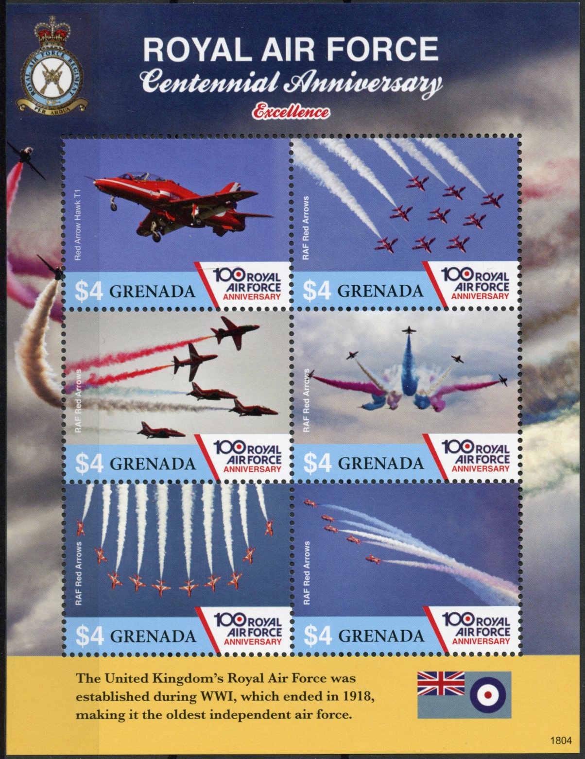 Grenada 2018 MNH RAF Royal Air Force 100 Yrs Red Arrows 6v M/S Aviation Stamps