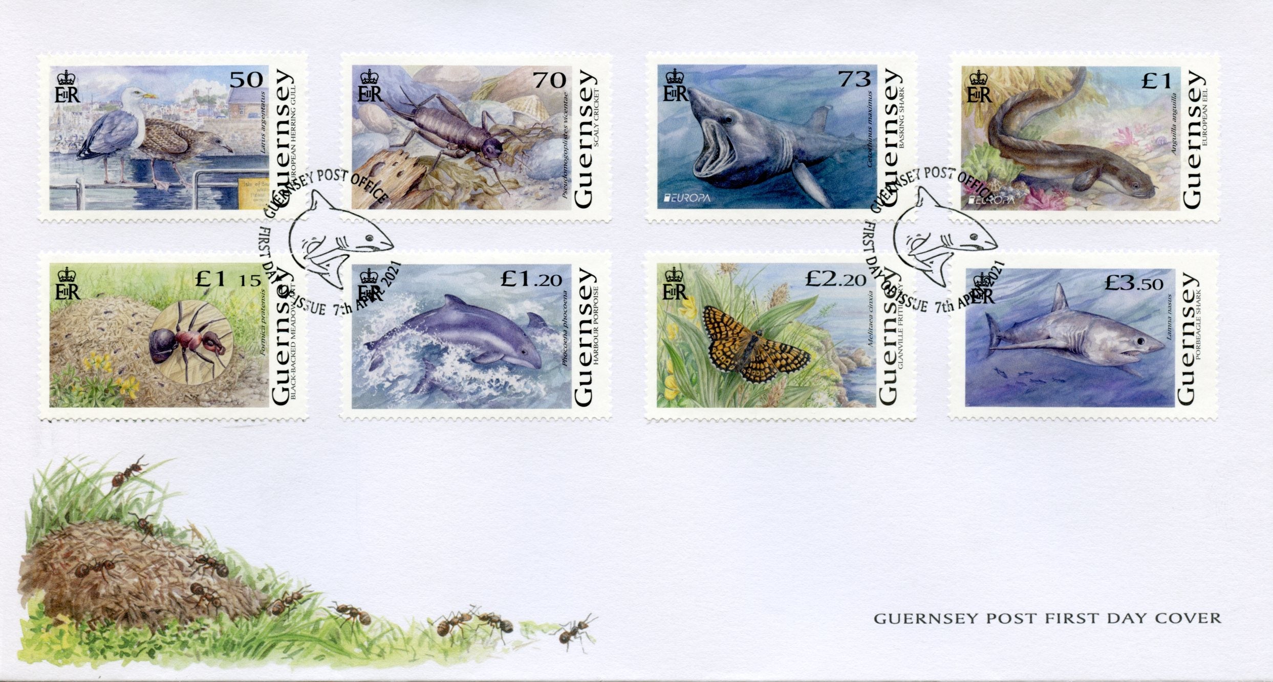 Guernsey 2021 FDC Europa Stamps Endangered Natl Wildlife Sharks Butterflies Birds 8v Set