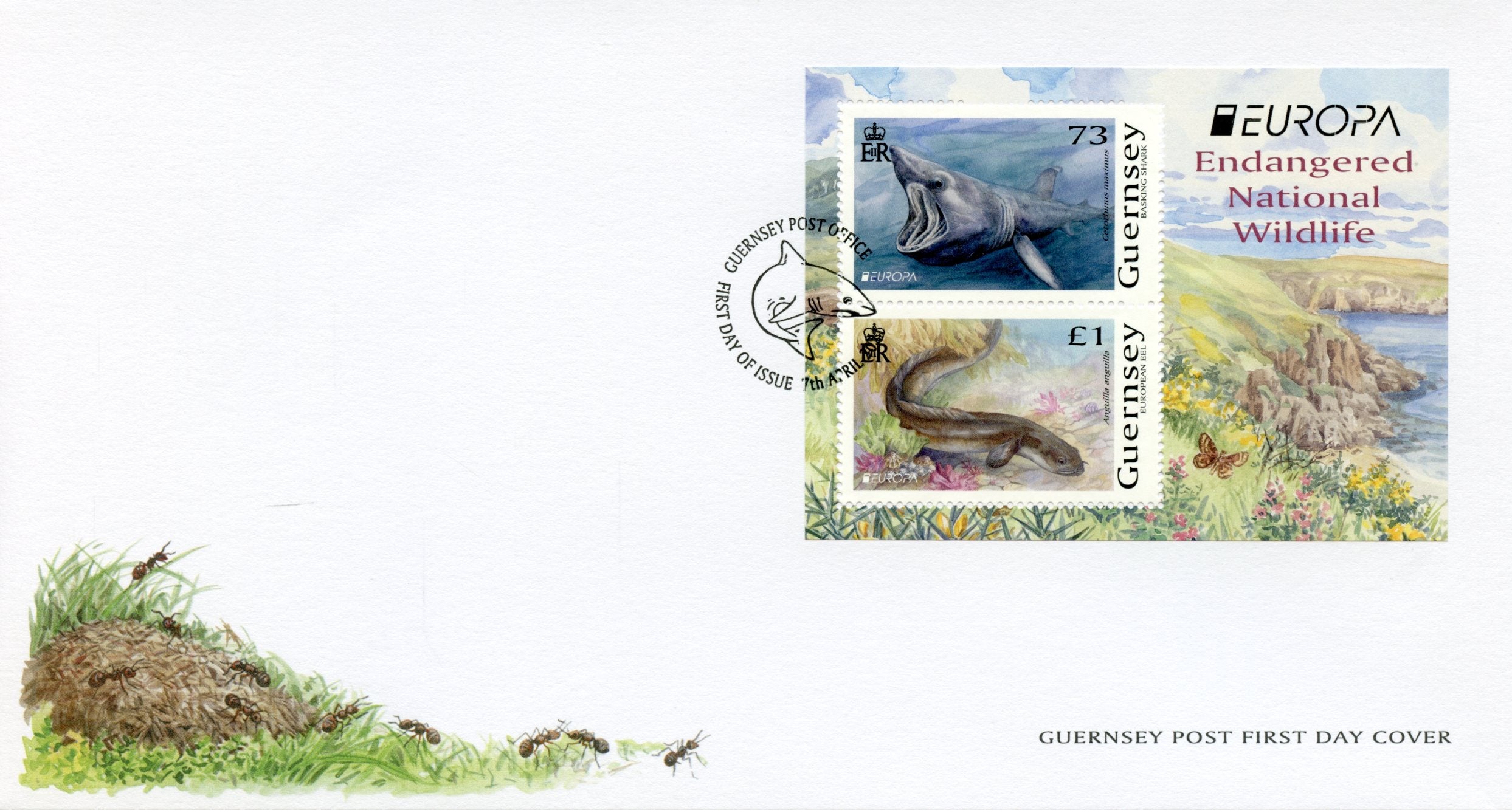 Guernsey 2021 FDC Europa Stamps Endangered Natl Wildlife Sharks Eels Fish 2v M/S