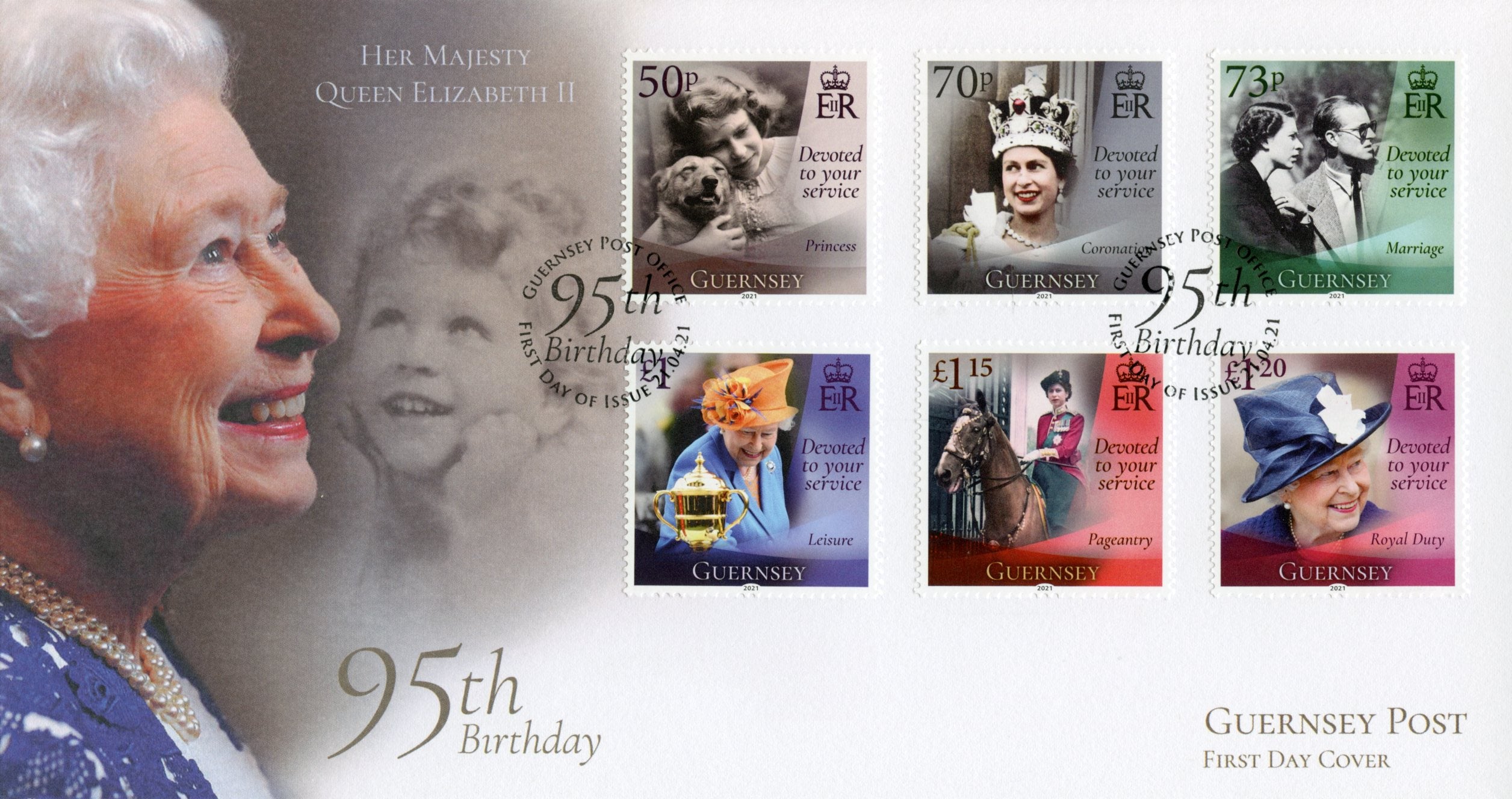 Guernsey 2021 FDC Royalty Stamps Queen Elizabeth II 95th Birthday 6v Set