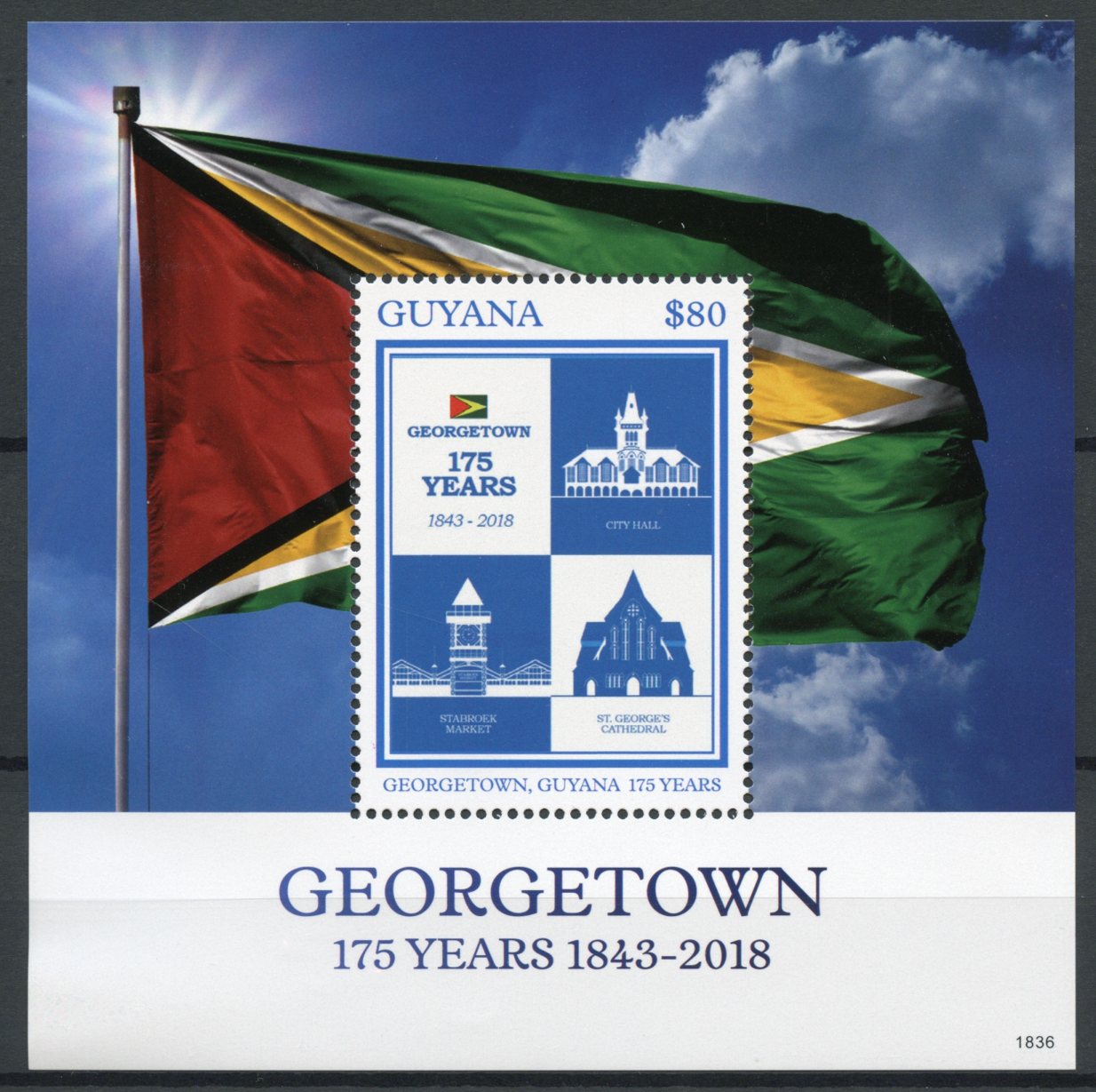 Guyana 2018 MNH Georgetown 175 Yrs 1v S/S Cathedrals Flags Architecture Stamps
