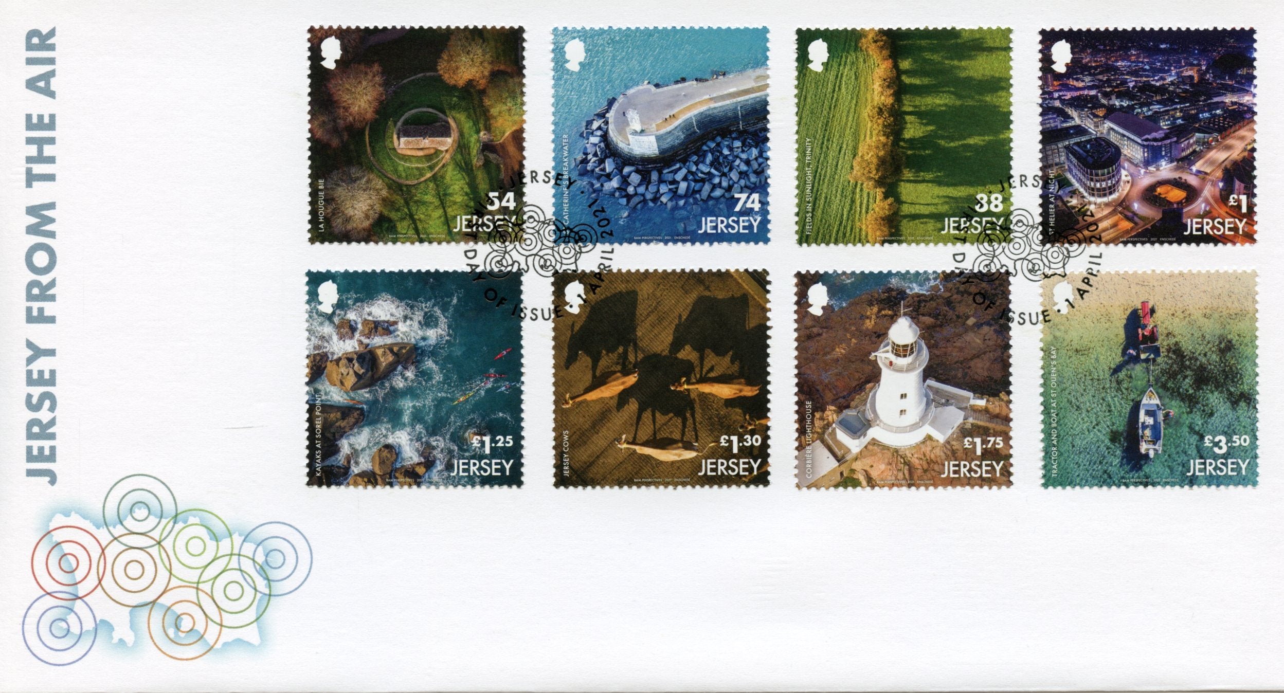 Jersey 2021 FDC Landscapes Stamps From the Air Lighthouses Tourism Cows 8v Set