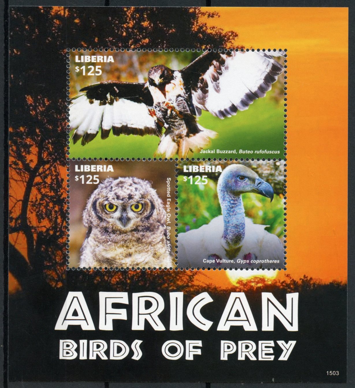 Liberia 2015 MNH African Birds of Prey on Stamps Buzzards Owls Vultures 3v M/S