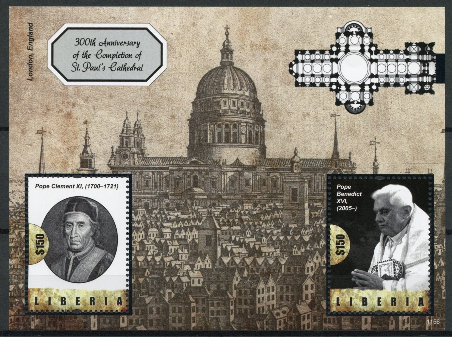 Liberia 2011 MNH St Paul's Cathedral Completion 300th Anniv 2v S/S Pope Benedict