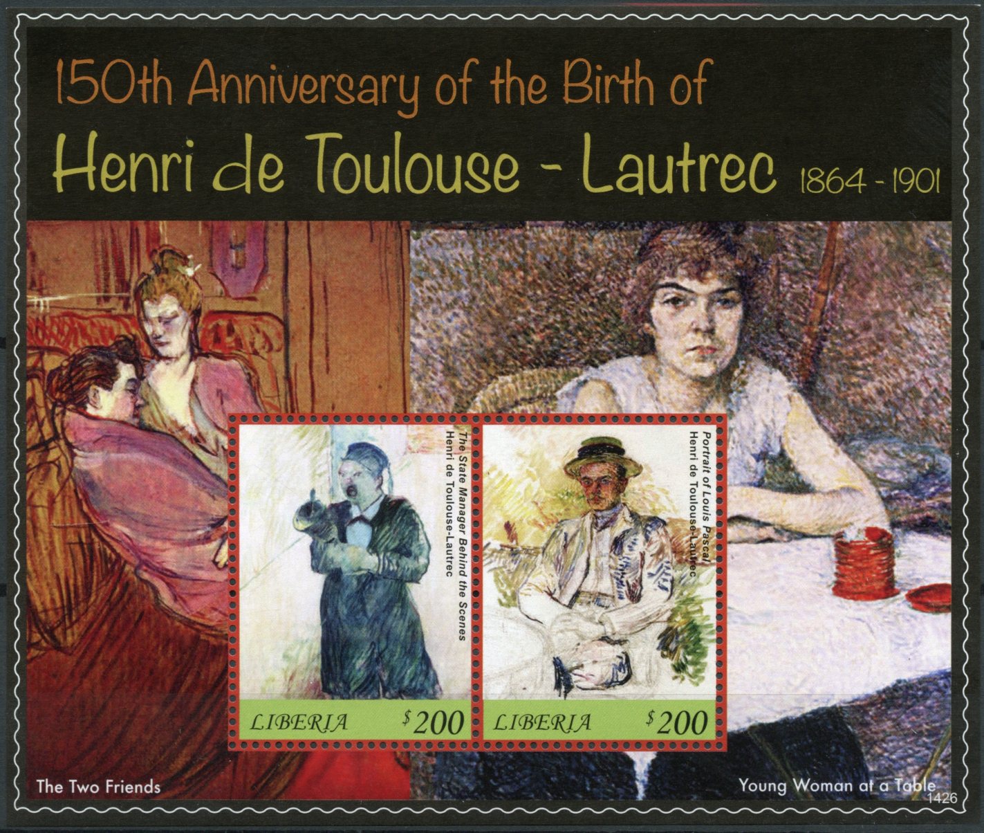 Liberia 2014 MNH Henri de Toulouse-Lautrec 150th Anniv Birth 2v S/S I Paintings
