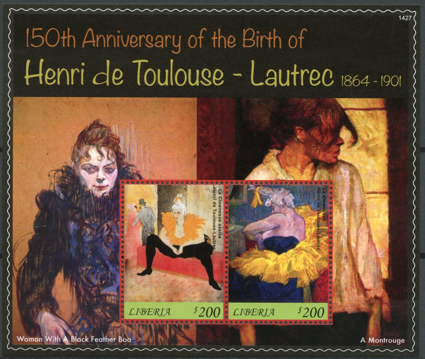 Liberia 2014 MNH Henri de Toulouse-Lautrec 150th Anniv Birth 2v S/S II Paintings