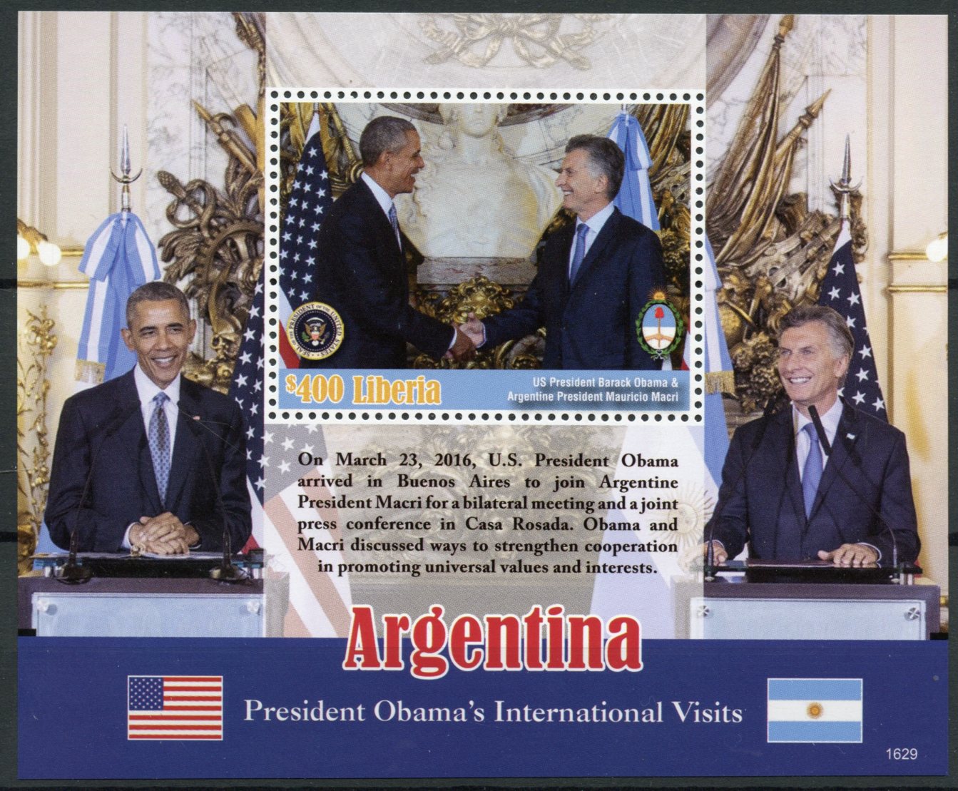 Liberia 2016 MNH Barack Obama Visits Argentina 1v S/S US Presidents Stamps
