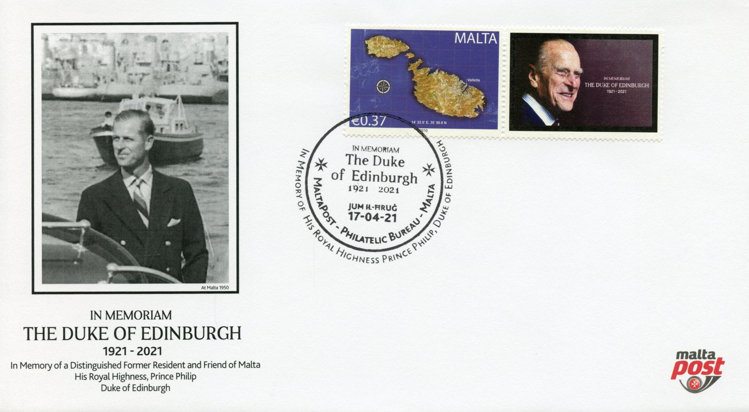 Malta 2021 FDC Royalty Stamps HRH Prince Philip In Memoriam 1v Set + Label