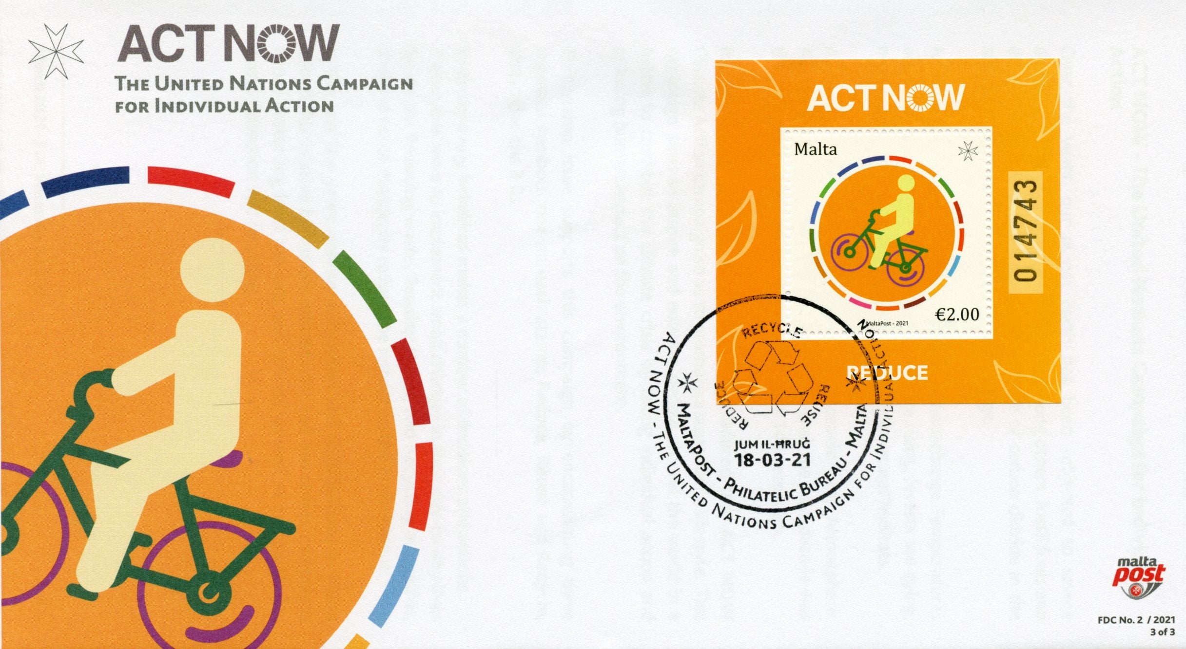 Malta 2021 FDC Environment Stamps Act Now Recycling Bicycles Science 3x 1v M/S