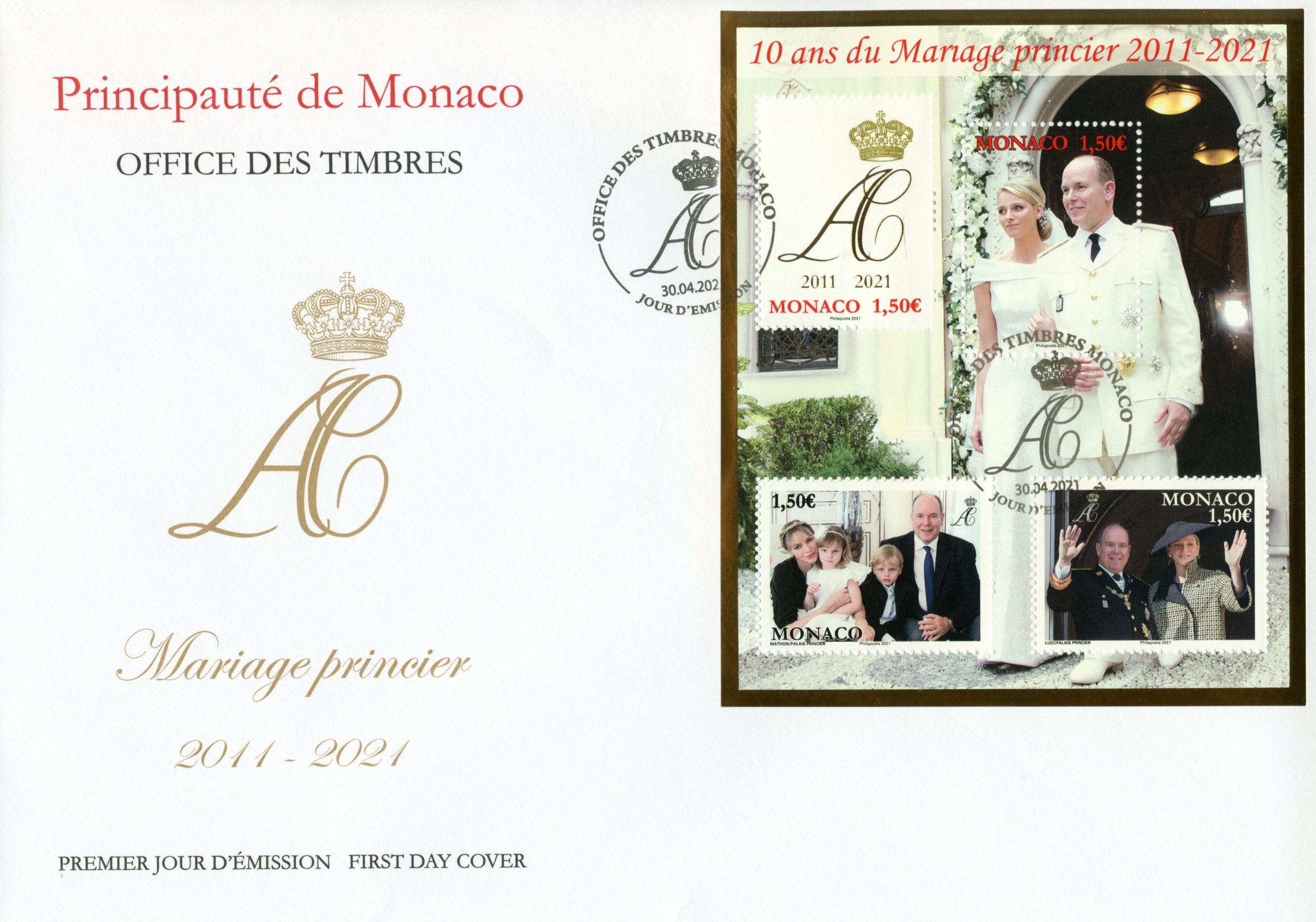 Monaco Royalty Stamps 2021 FDC Prince Albert II & Charlene Royal Marriage 10th Anniv 4v M/S