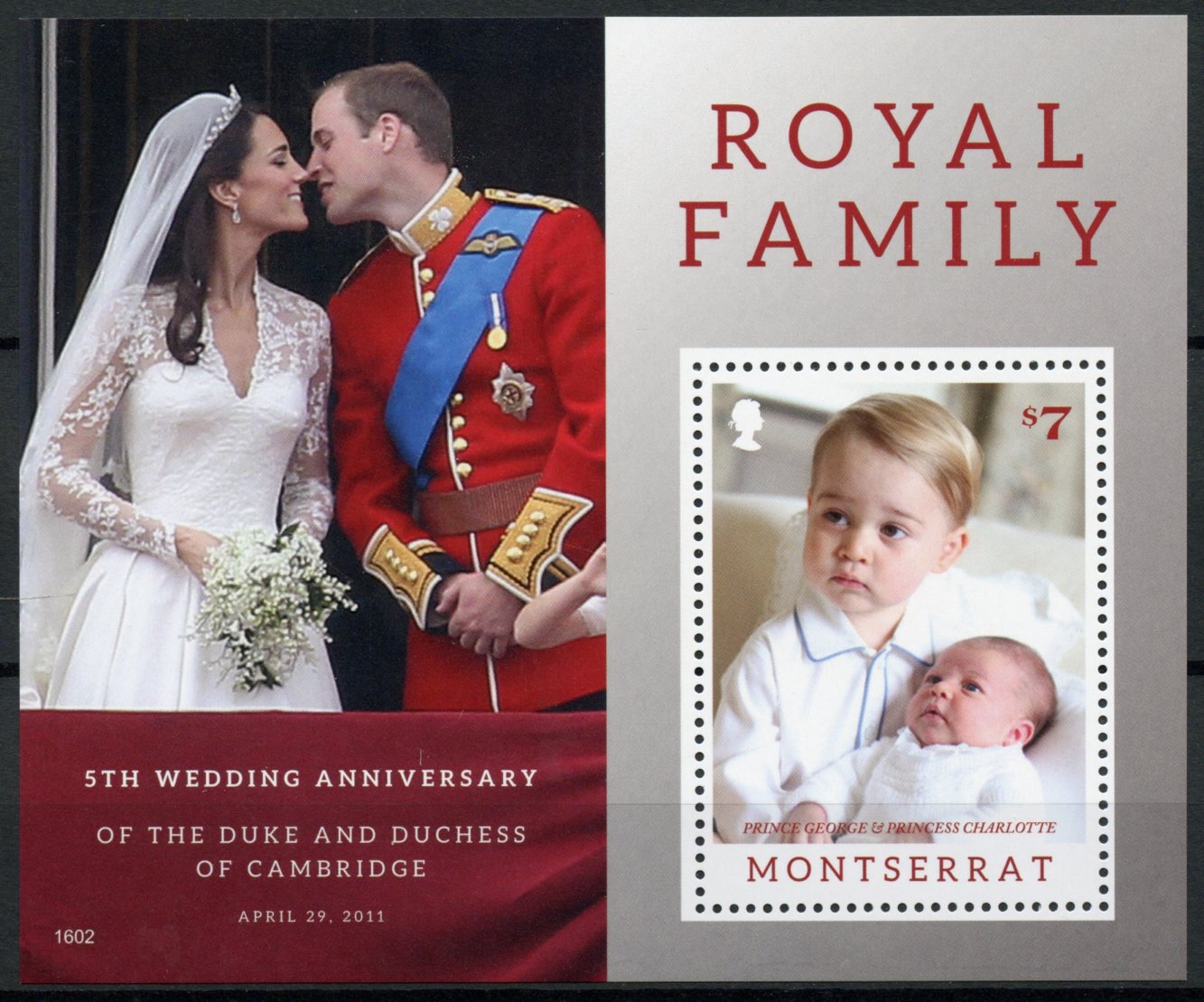Montserrat Royalty Stamps 2016 MNH Prince William & Kate 5th Wedding Ann 1v S/S